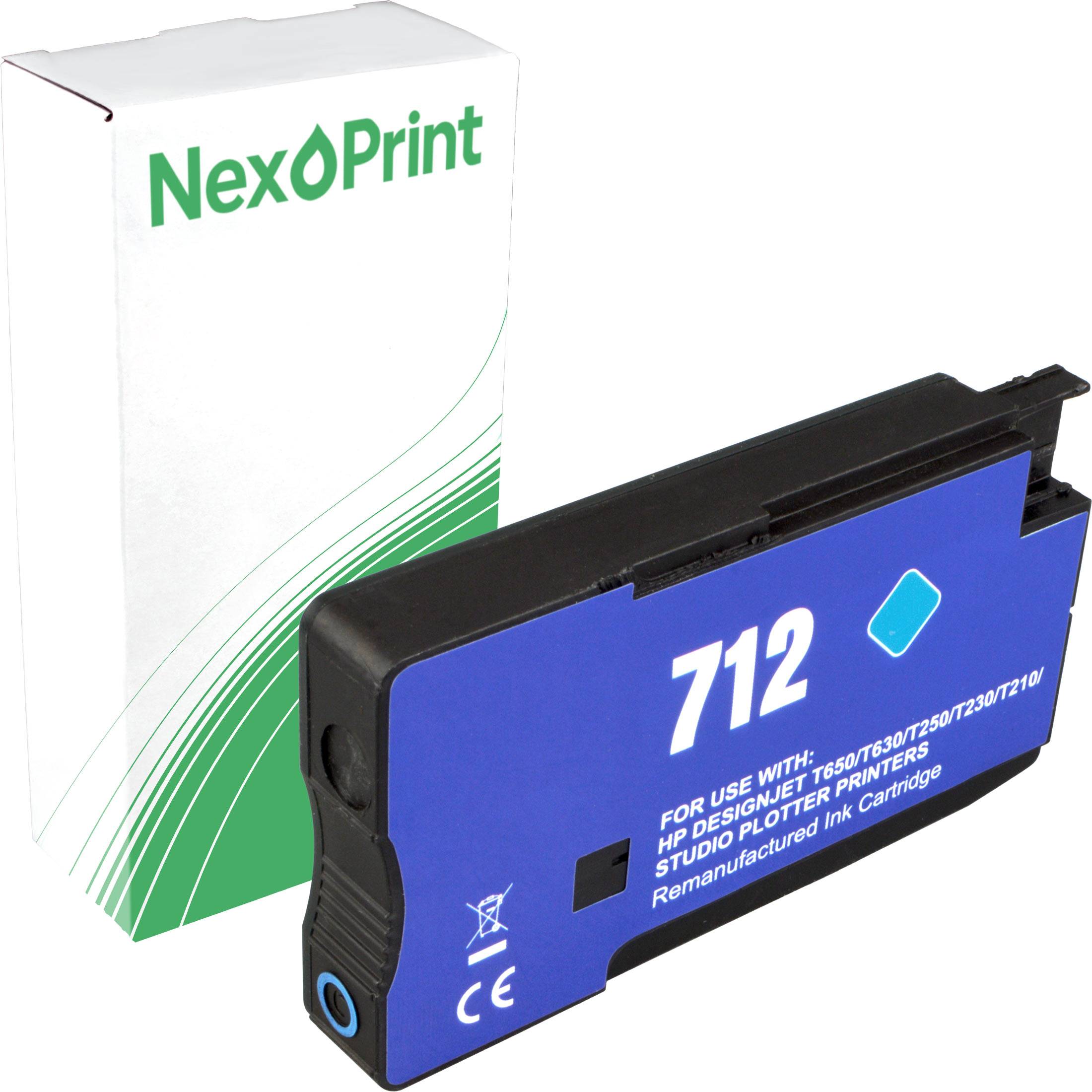 Tintenpatrone mit der Bezeichnung '712' wird neben ihrer weiß-grünen Verpackung mit dem Aufdruck 'NexPrint' gezeigt. Geeignet für HP-Drucker, Typ Aufbereitet.