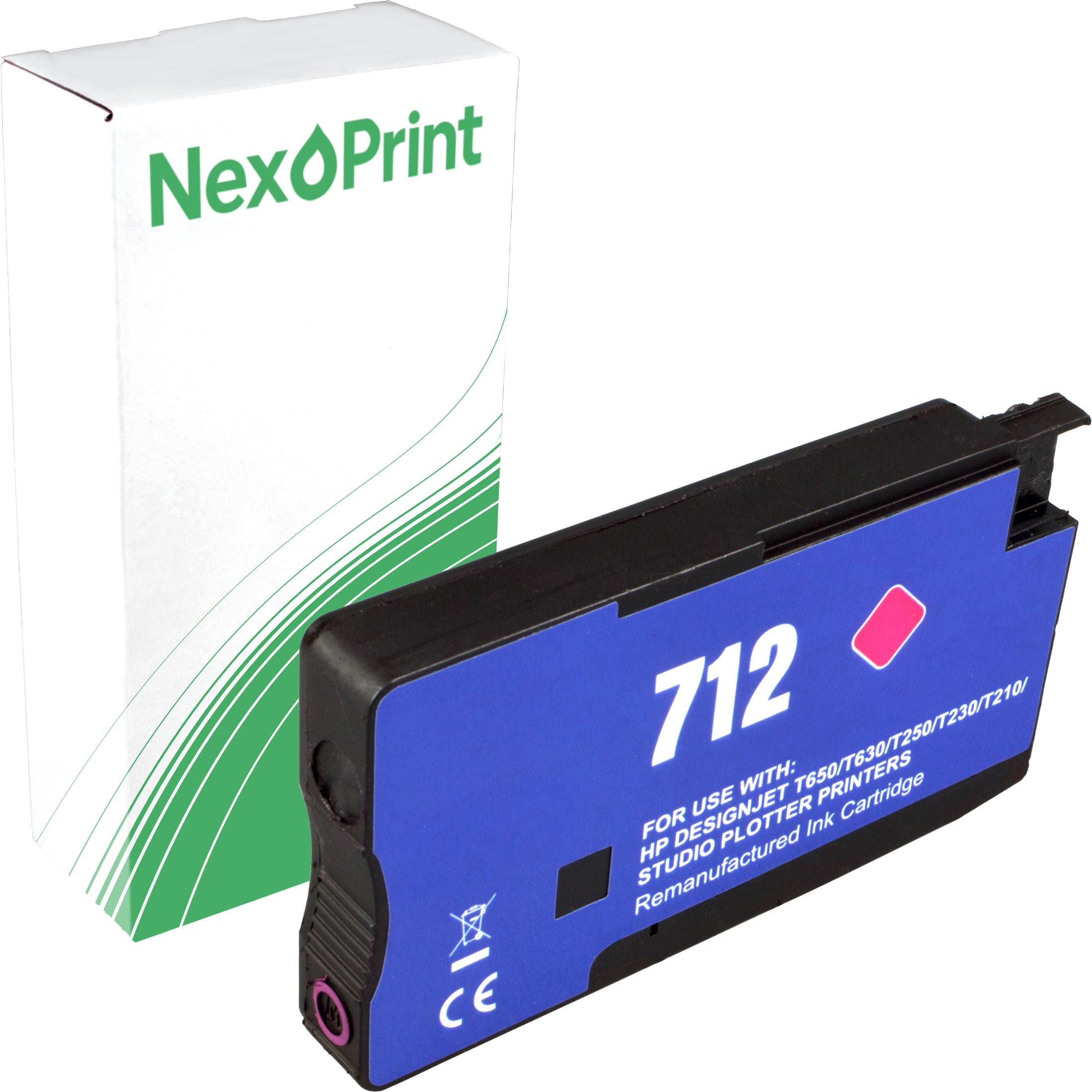 NexPrint 712 aufbereitete Tintenpatrone für HP DesignJet Studio Plotter', präsentiert vor weißer und grüner Verpackung.