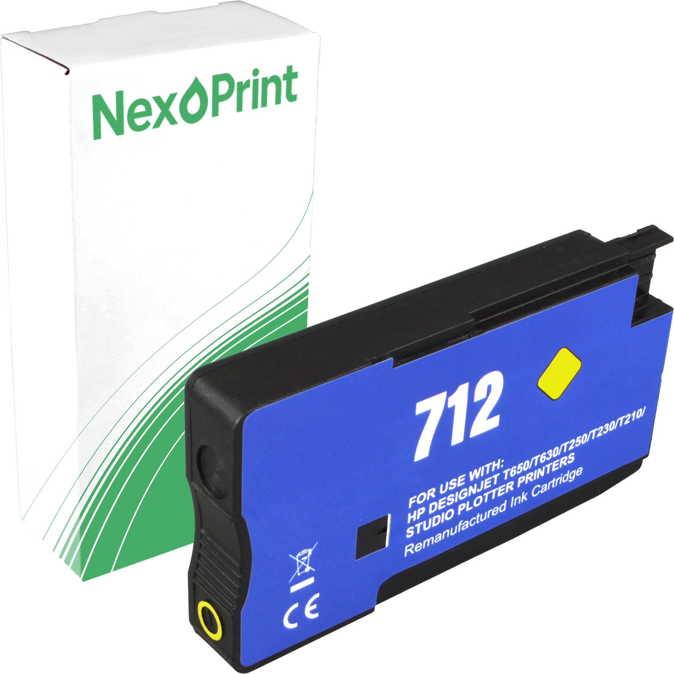 Eine wiederaufbereitete Tintenpatrone mit der Bezeichnung '712' ist vor einer NexPrint-Box positioniert, die für HP-Drucker konzipiert ist und die Kompatibilität betont.