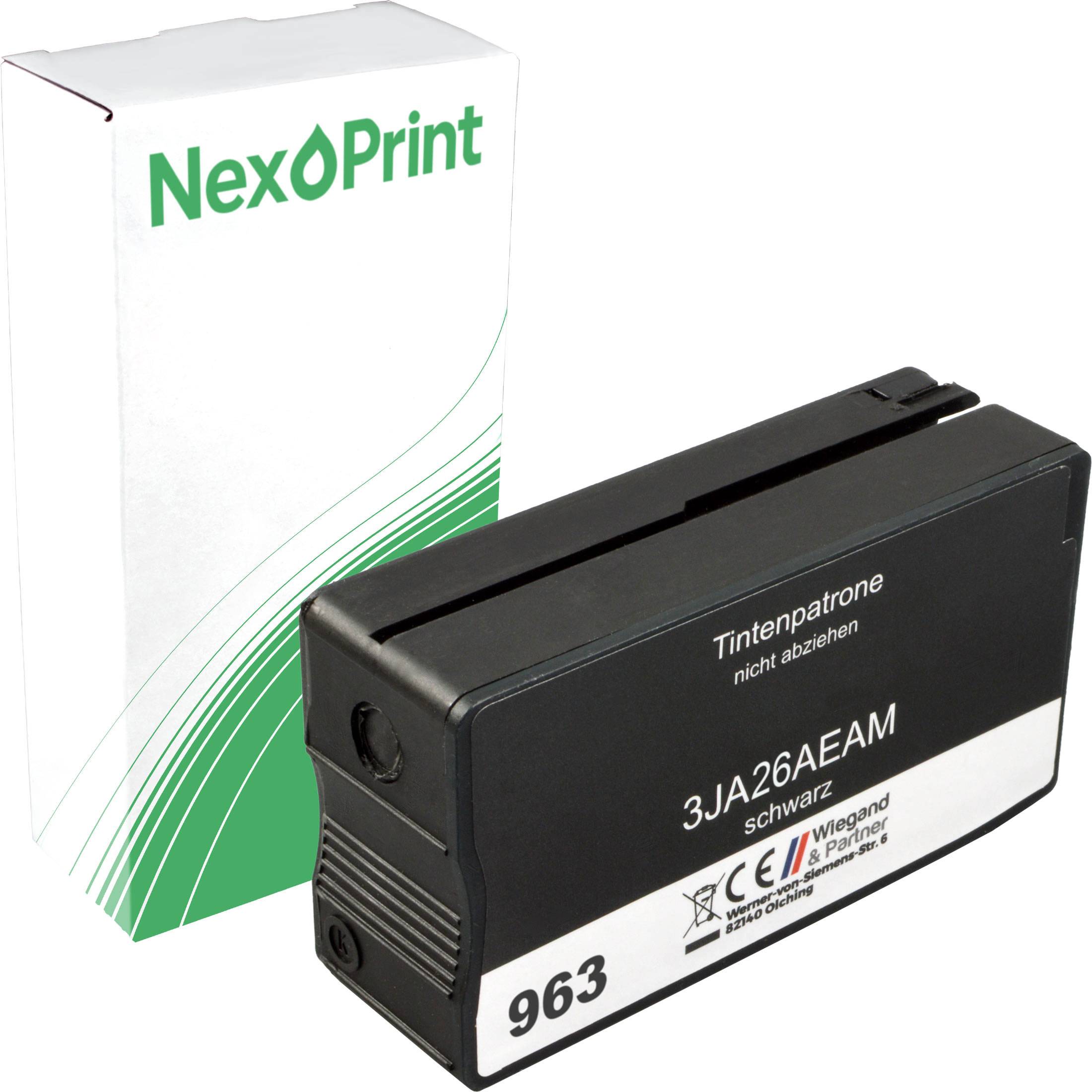 Schwarze Tintenkartusche mit NexPrint-Branding, beschriftet mit '3JA26AEAM 963', neben ihrer grün-weißen Verpackungsschachtel.