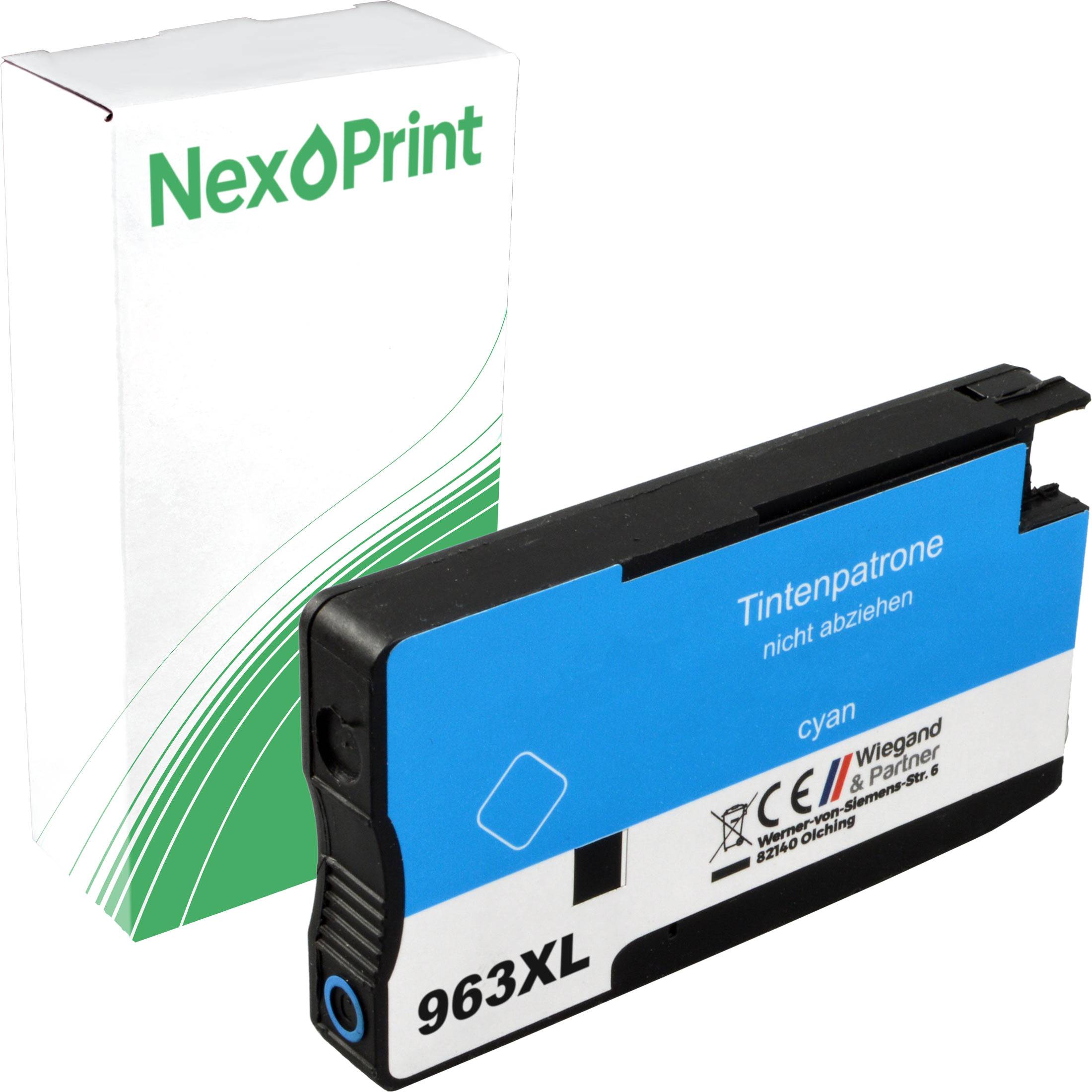 Cyan-Tintenpatrone mit Etikett 'Tintenpatrone', Schachtel zeigt 'NexoPrint'.