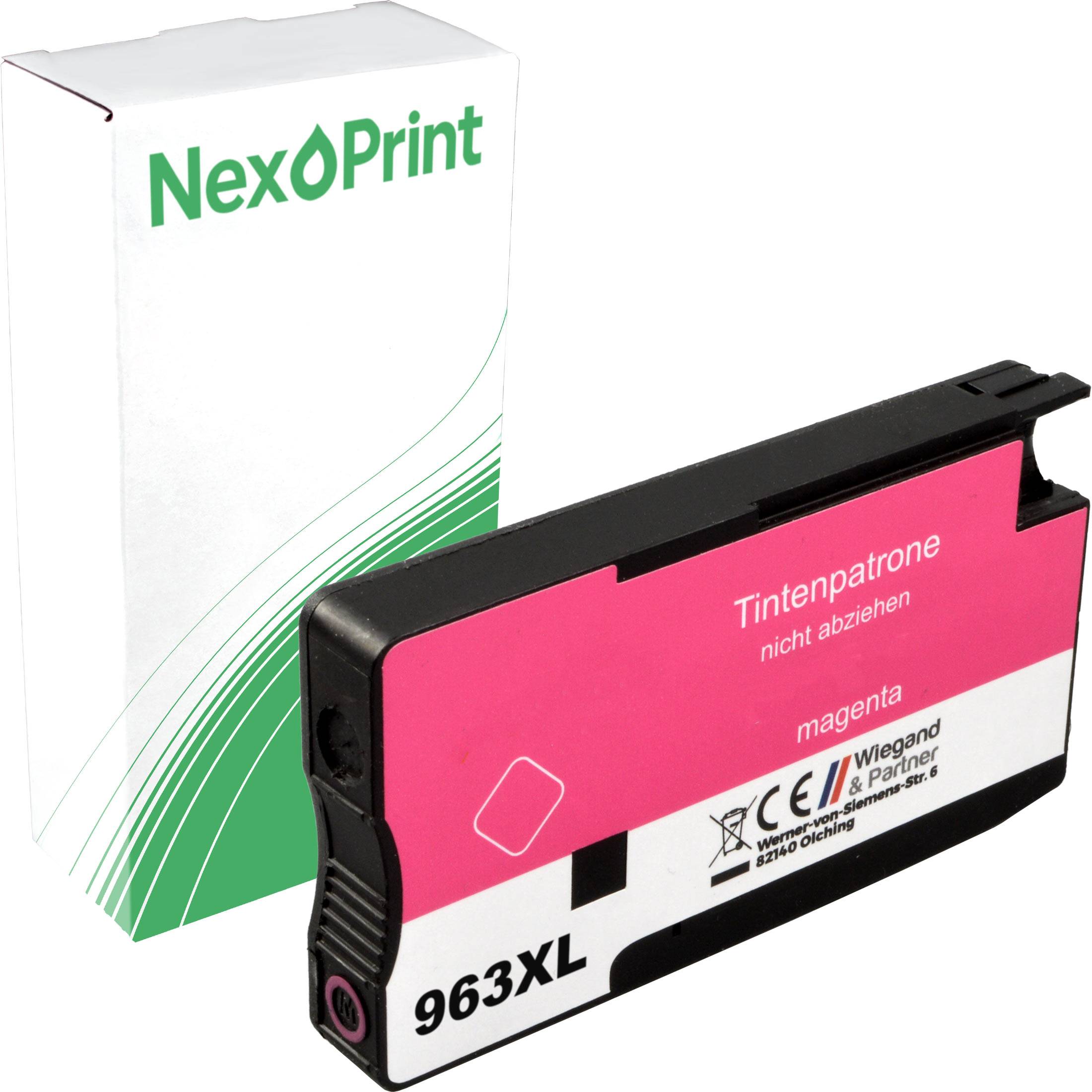 Eine Tintenpatrone in Magenta, beschriftet mit '963XL', deren Verpackung 'NexoPrint' zeigt. Die Patrone weist Recycling-Symbole und eine Warnung zum Nicht-Entfernen auf.