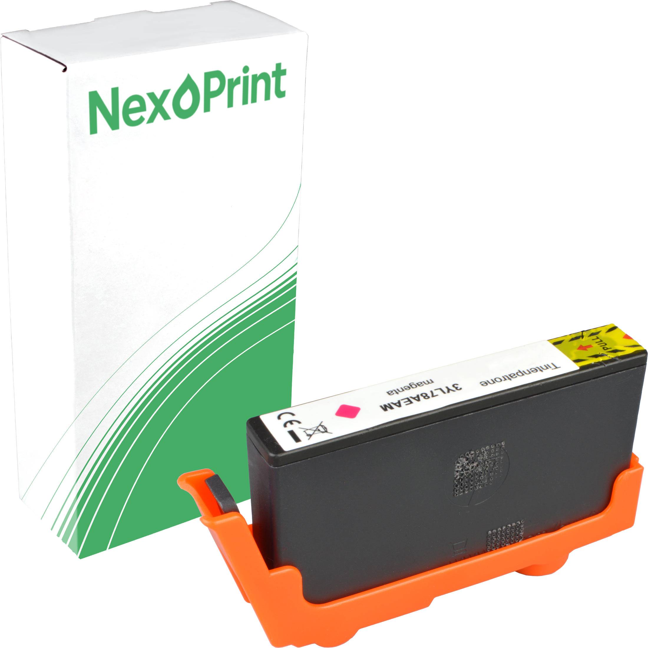 Ein 'NexPrint' Tintenpatrone, die vor ihrer weiß-grünen Verpackungsbox präsentiert wird.