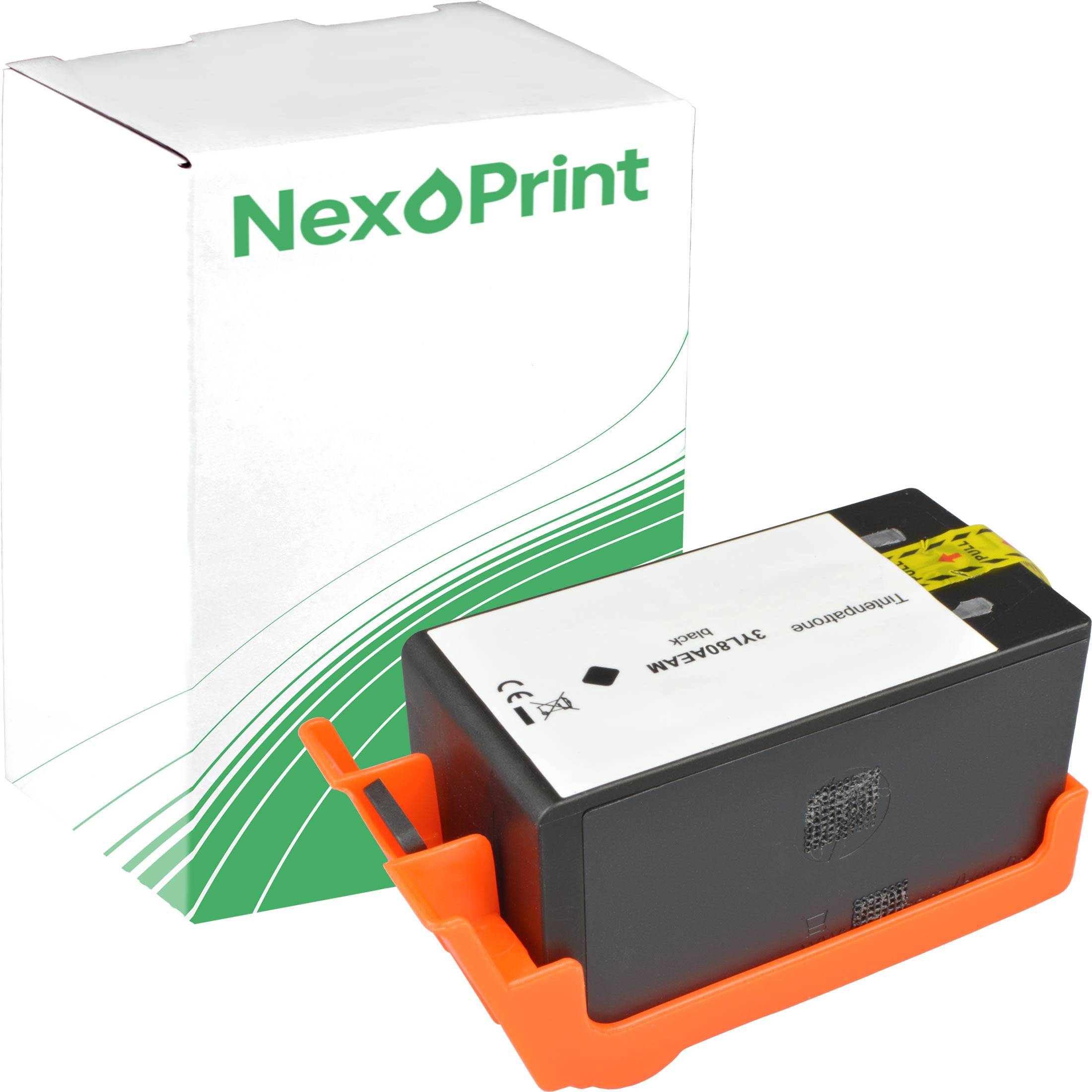 Eine Druckerpatrone neben einer weiß-grünen Schachtel mit dem Markennamen 