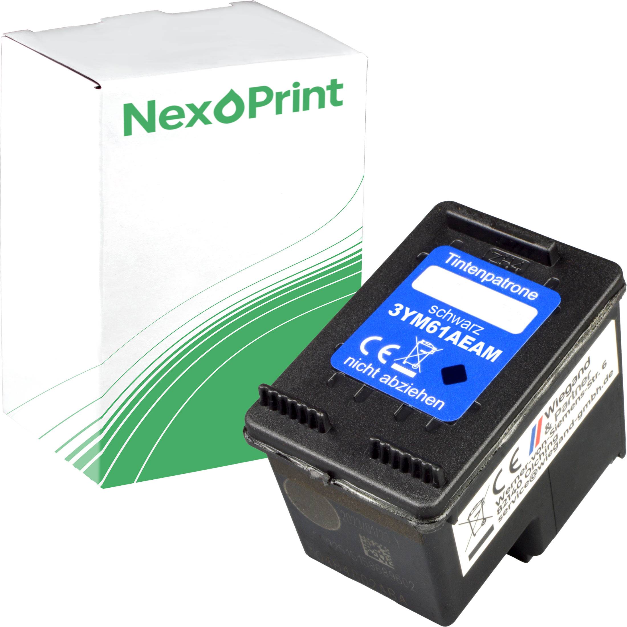 Tintenpatrone mit der Bezeichnung 'Schwarz 3YM61AE' auf einer NexøPrint-Verpackung mit grünem Wellendesign.