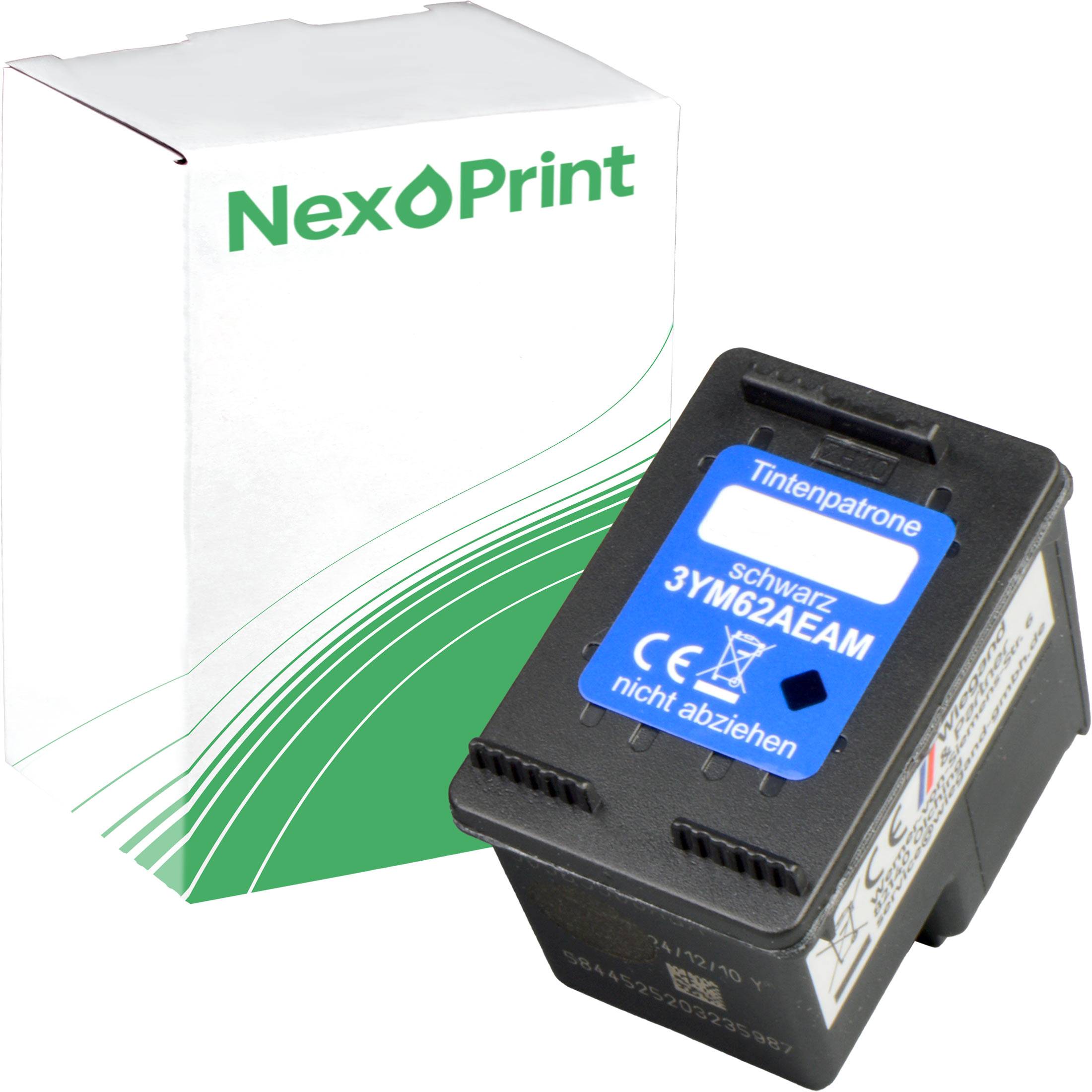 Druckerpatrone und Karton mit dem Logo 'NexoPrint', gekennzeichnet mit 'Schwarz 3YM62AEAM'.