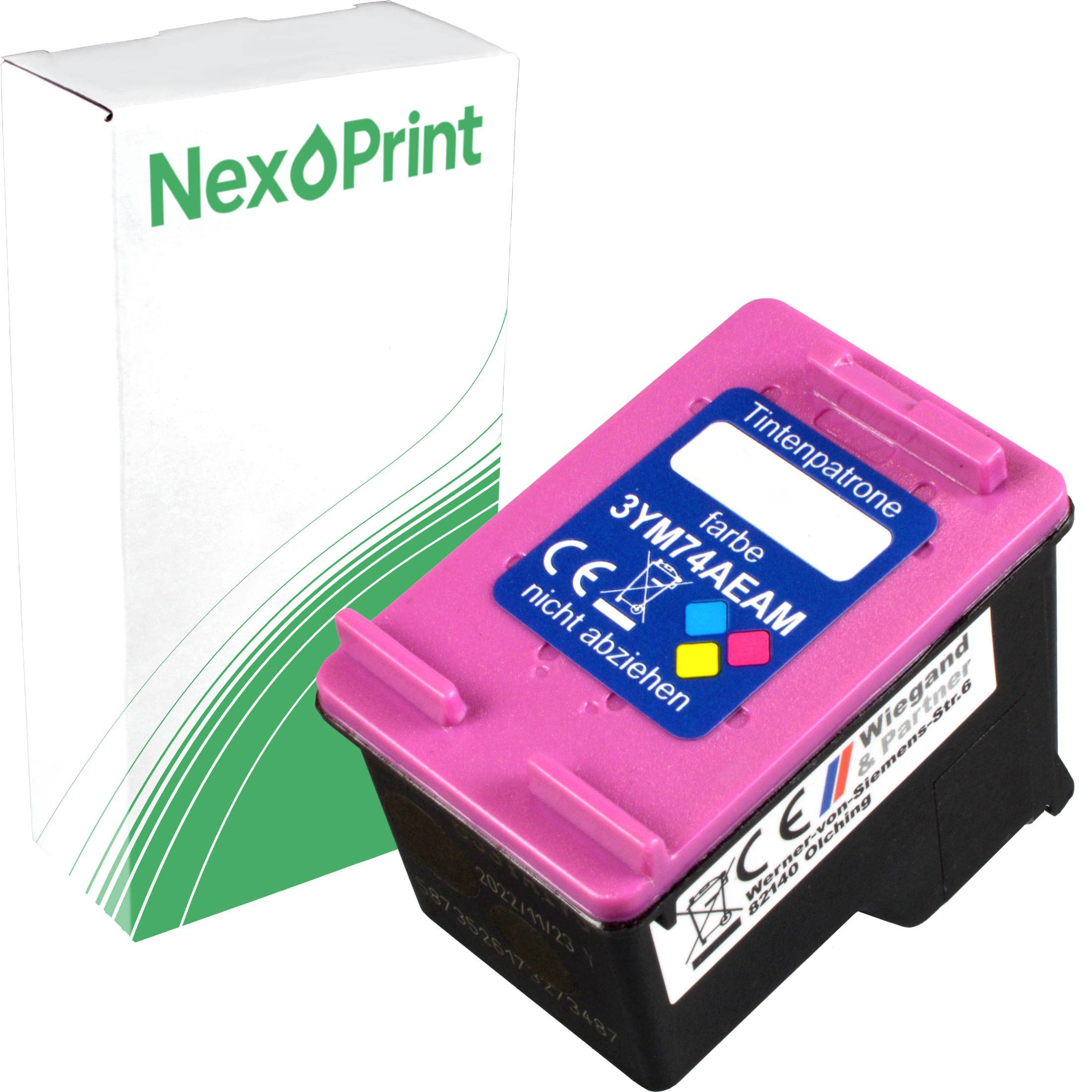 Rosa Tintenpatrone vor einer NexPrint-Markenbox. Die Patrone ist als Farbdruckermodell 3YM44EAM gekennzeichnet.