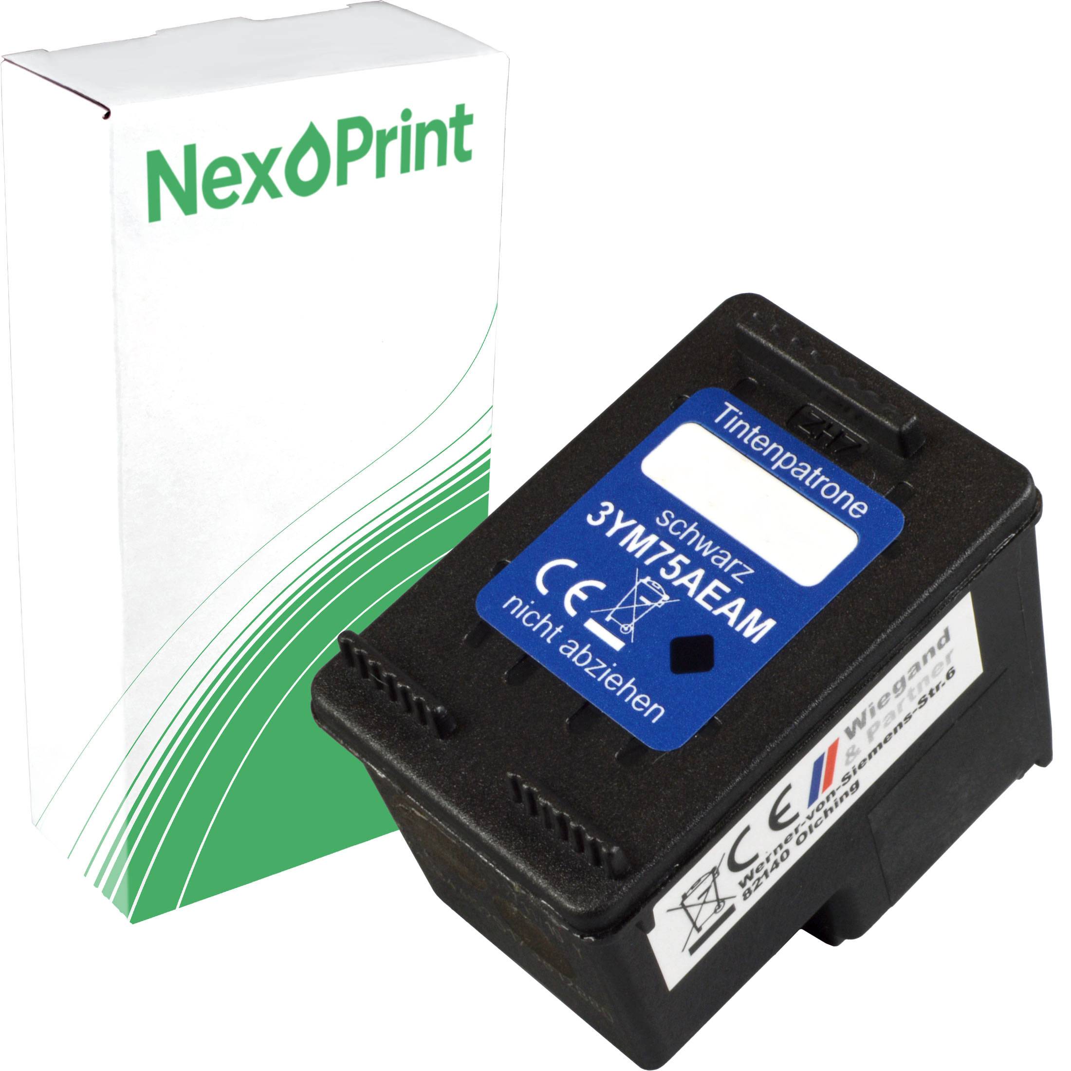 Schwarze Tintenpatrone mit blauem Etikett, gekennzeichnet mit 'Schwarz 3YM75AE', verpackt in einer weißen NexPrint-Schachtel mit grünen Designelementen.