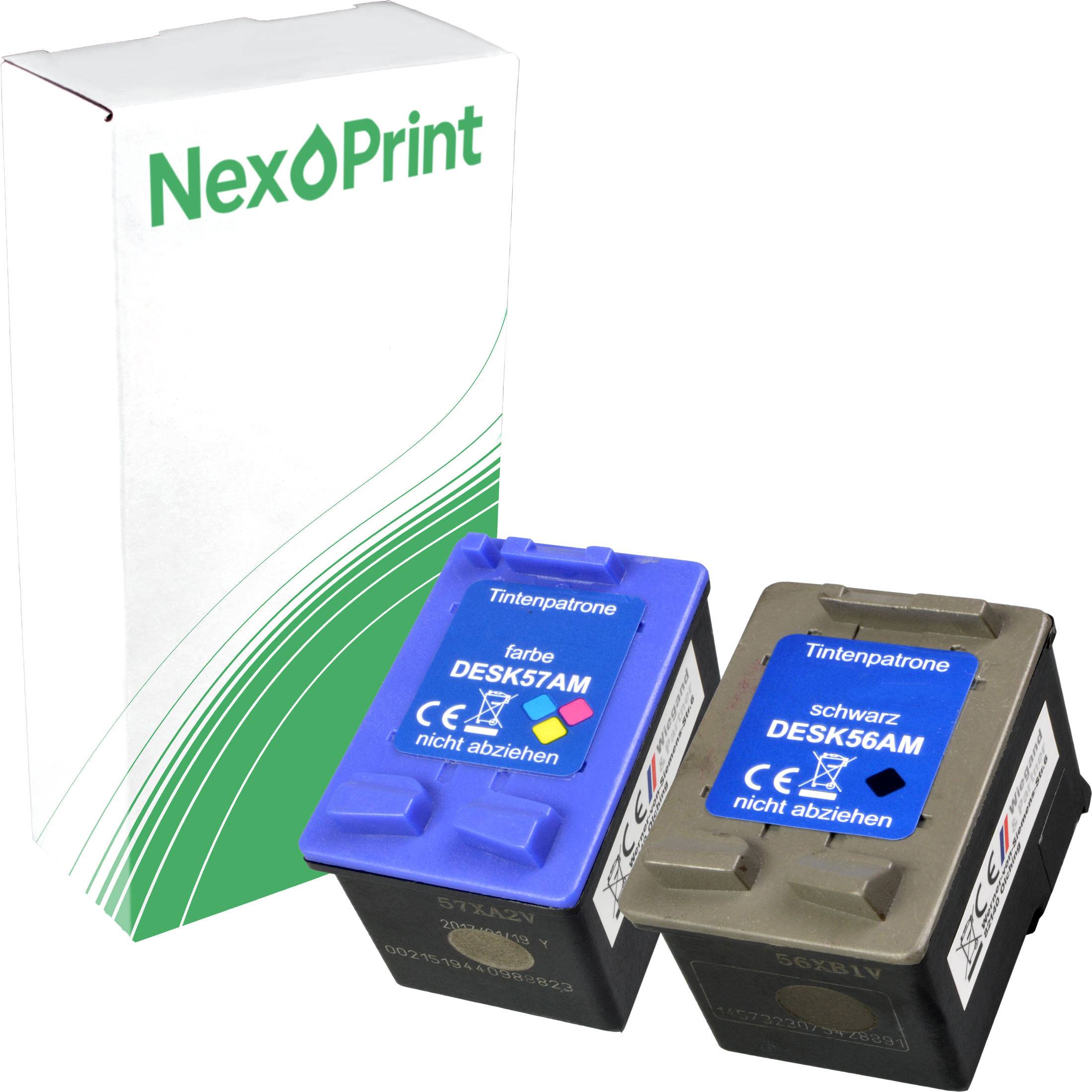 Druckerpatronen in Farbe und Schwarz, beschriftet mit 'Farbe' und 'Schwarz', neben einer NexPrint-Verpackung.