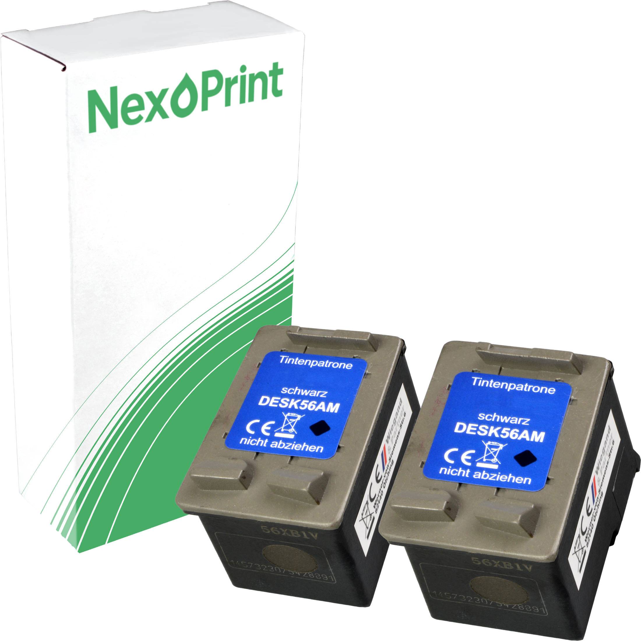 Bild von zwei schwarzen Tintenpatronen, die mit ‚DESK56AM' beschriftet sind und vor einer grünen und weißen NexPrint-Box platziert sind.