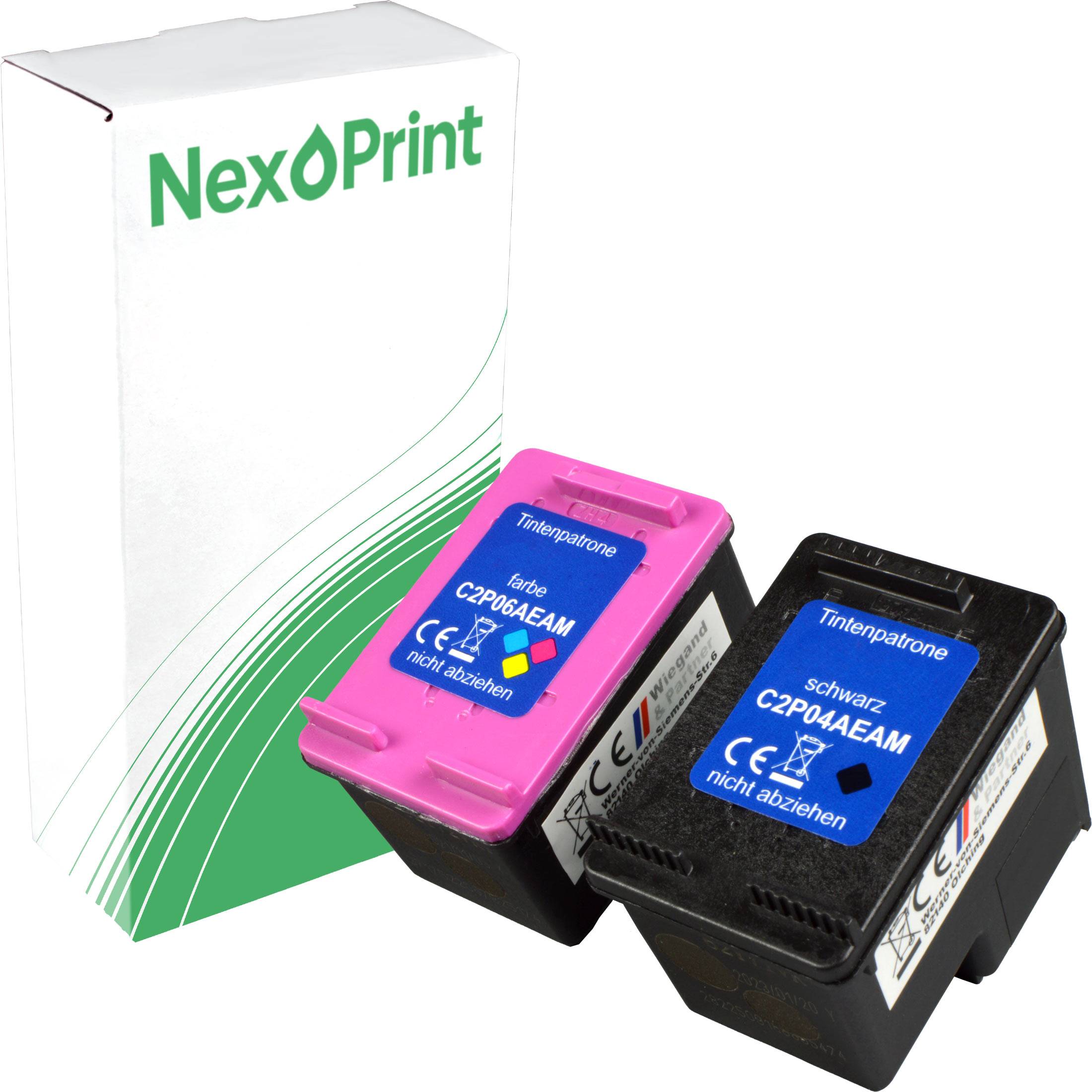 Zwei NexPrint-Tintenpatronen, eine in Cyan und eine in Schwarz, vor einer weiß-grünen NexPrint-Markenverpackung präsentiert.