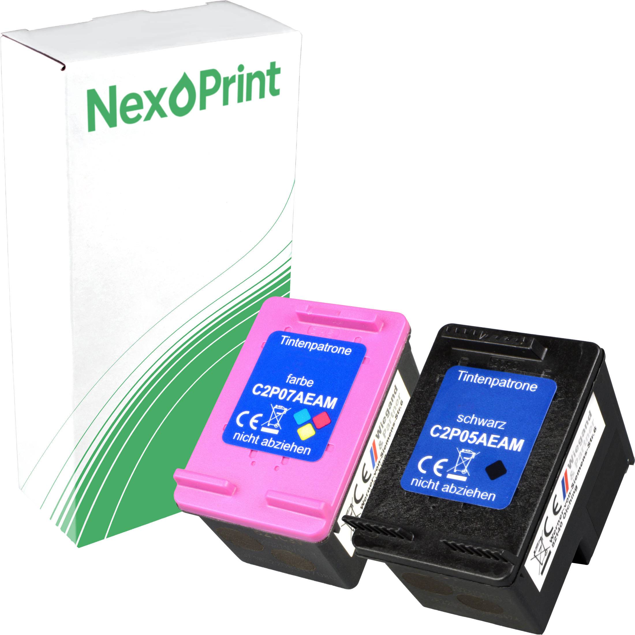 Zwei Tintenpatronen, eine rosa und eine schwarz, mit den Etiketten 'C2P07AEAM' und 'C2P05AEAM', vor einer Nexprint-Schachtel.