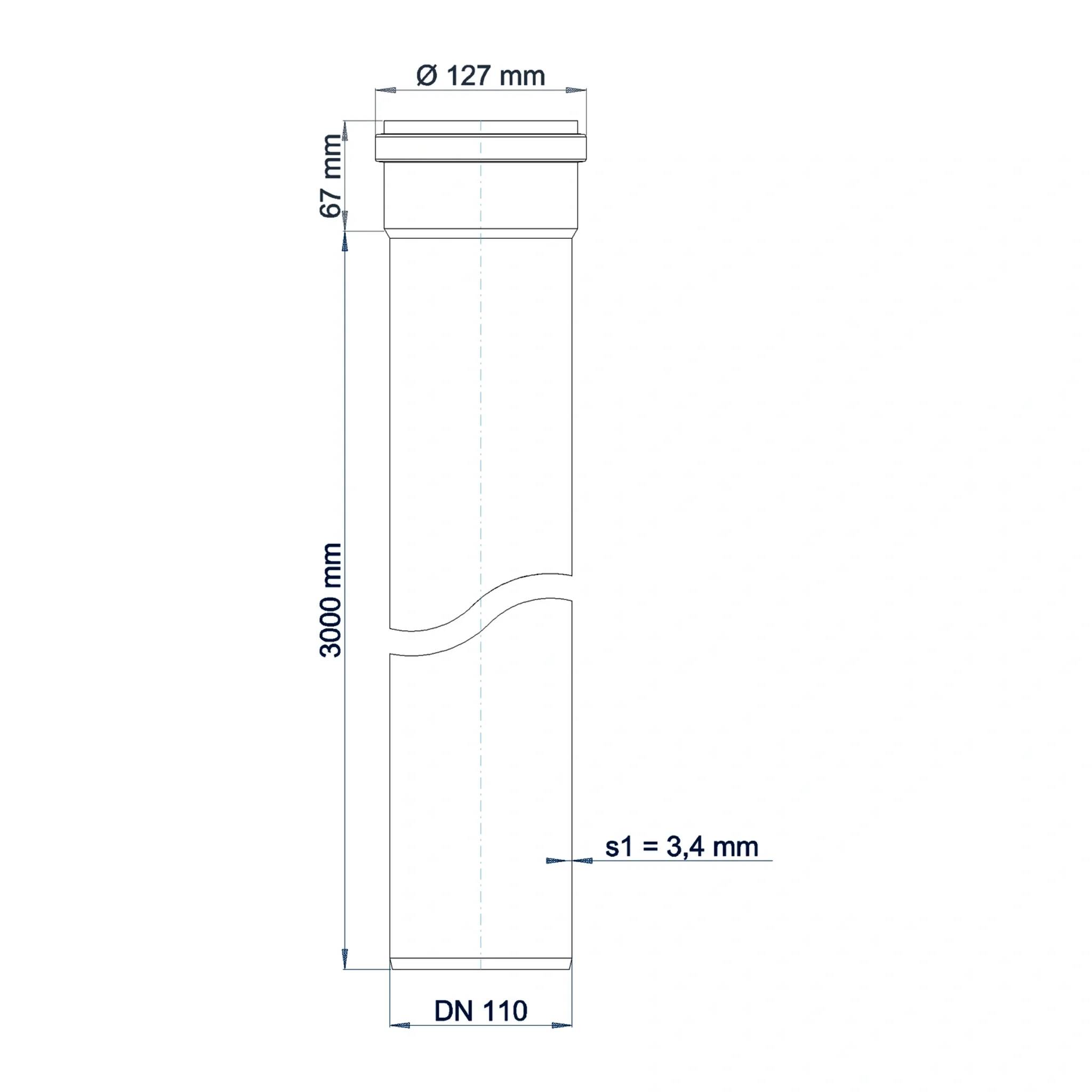 Technische Zeichnung eines zylindrischen Rohrs mit Abmessungen: 3000 mm Höhe, 127 mm Oberdurchmesser, DN 110 Basis und 3,4 mm Wandstärke.
