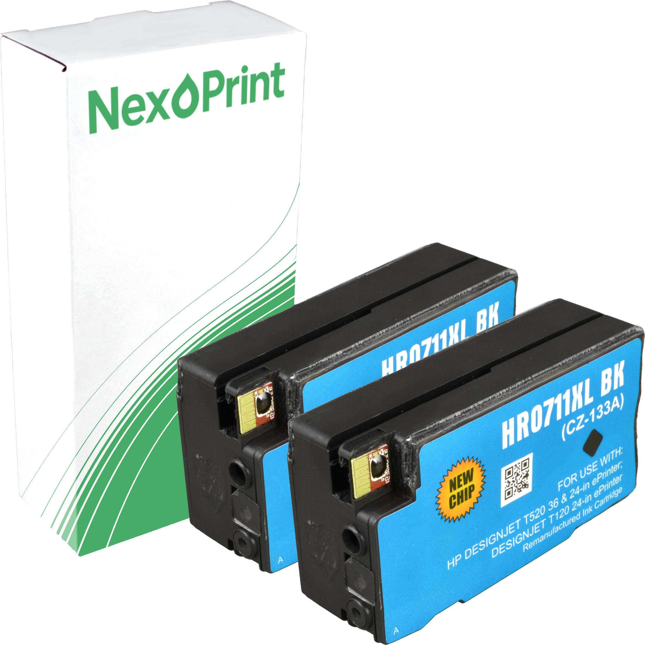Zwei schwarze Tintenpatronen mit der Bezeichnung 'HR0711XL BK' von NexPrint, entwickelt für HP Designjet T520 Drucker, mit der Produktverpackung im Hintergrund.