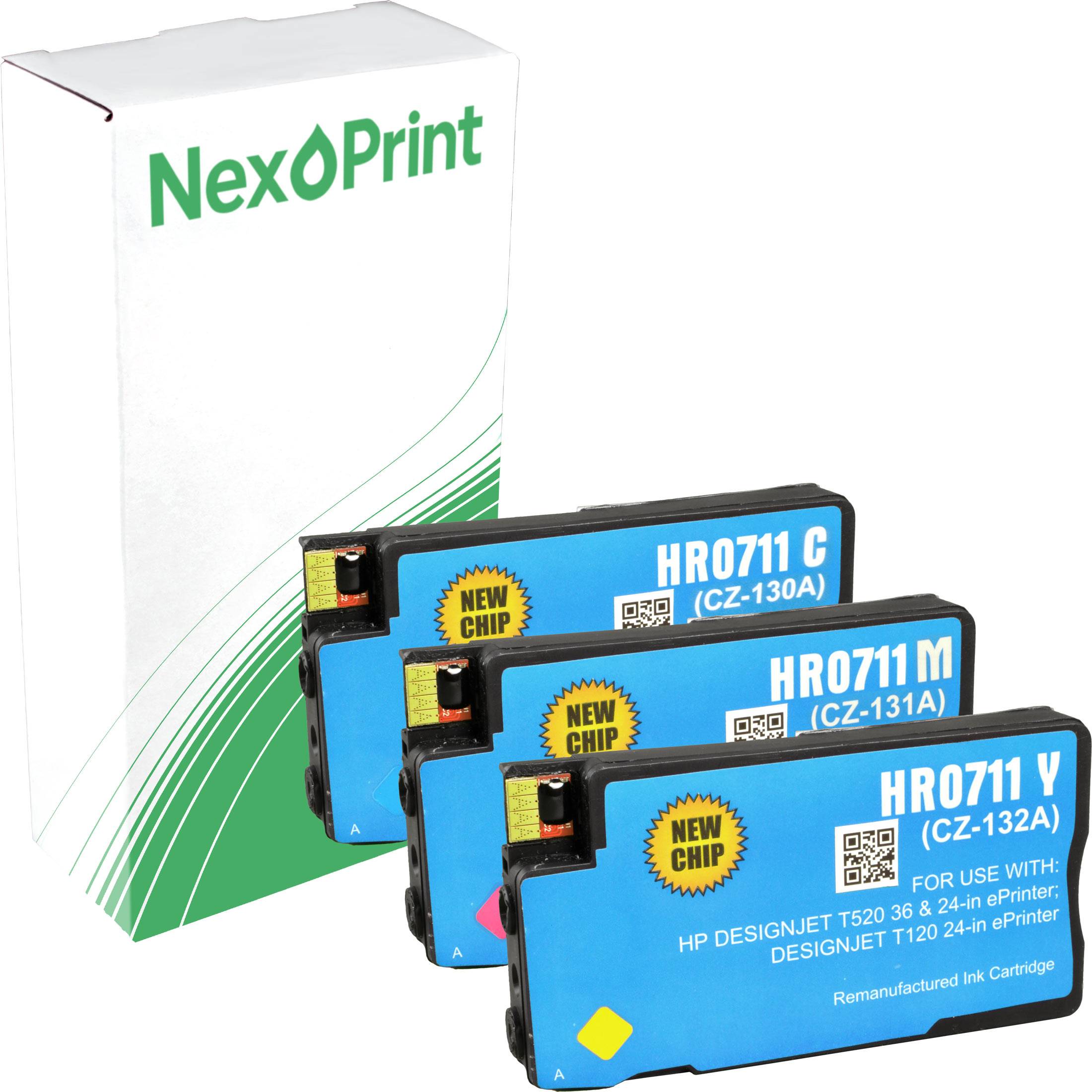 Tintenpatronen in Cyan, Magenta und Gelb, die vor einer NexoPrint-Verpackungsbox ausgestellt sind und darauf hinweisen, dass sie mit HP-Druckern kompatibel sind.