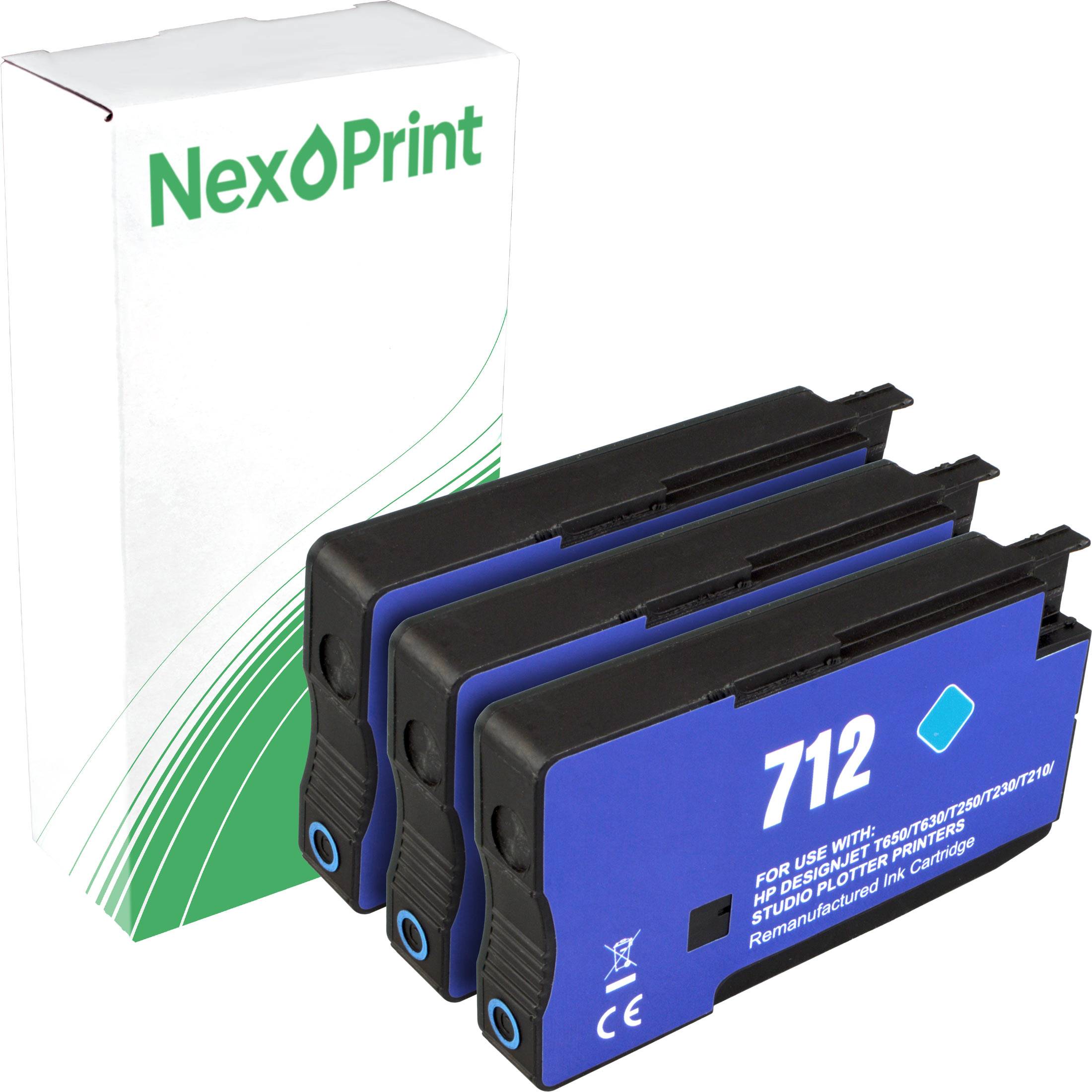 Drei nachaufbereitete Tintenpatronen mit der Bezeichnung 712, die vor einer grün-weißen NexPrint-Verpackung platziert sind und für bestimmte Drucker geeignet sind.