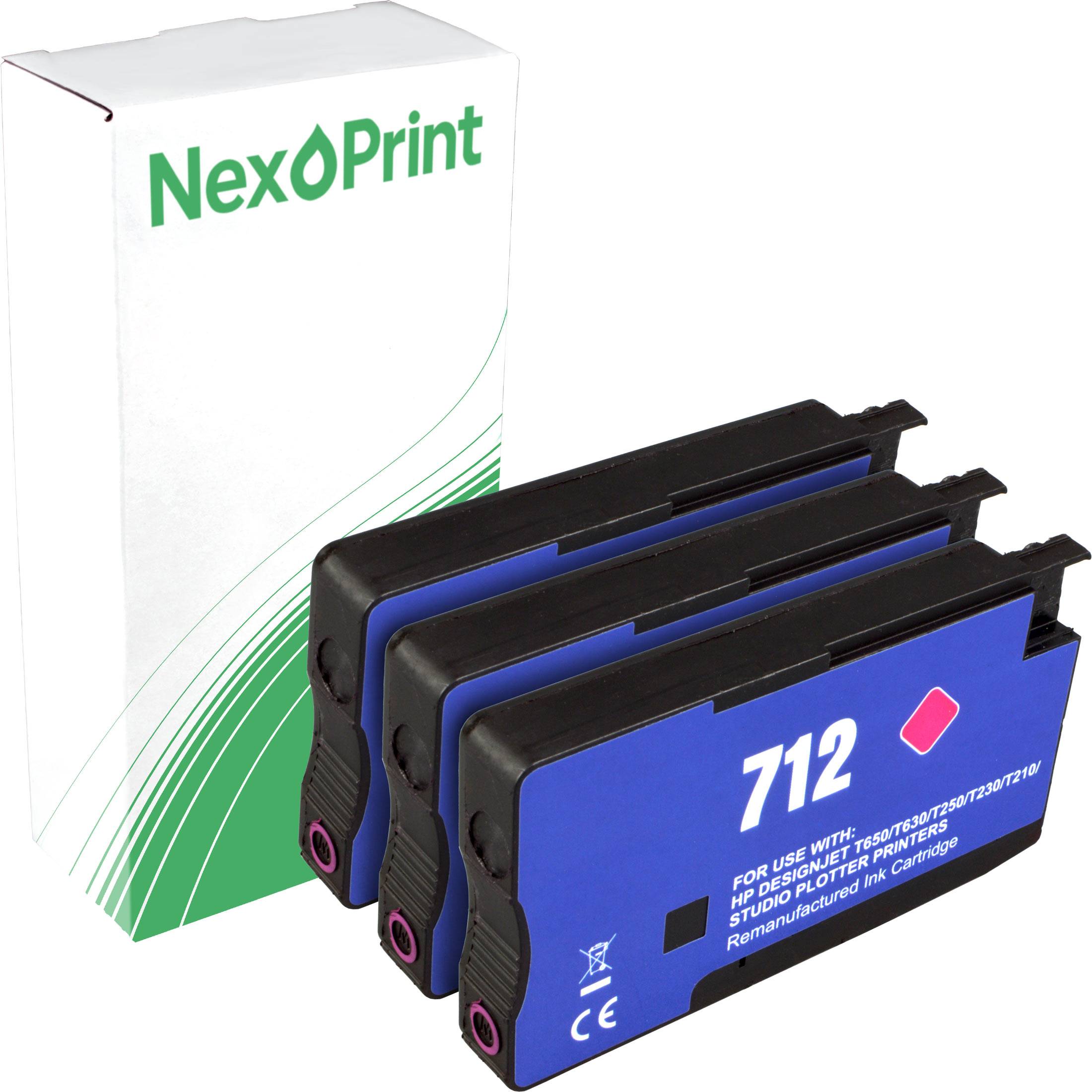 NexPrint' Markierungsverpackung mit drei Tintenpatronen des Typs '712' für HP-Drucker im Vordergrund, die das Tintenversorgungsprodukt hervorhebt.