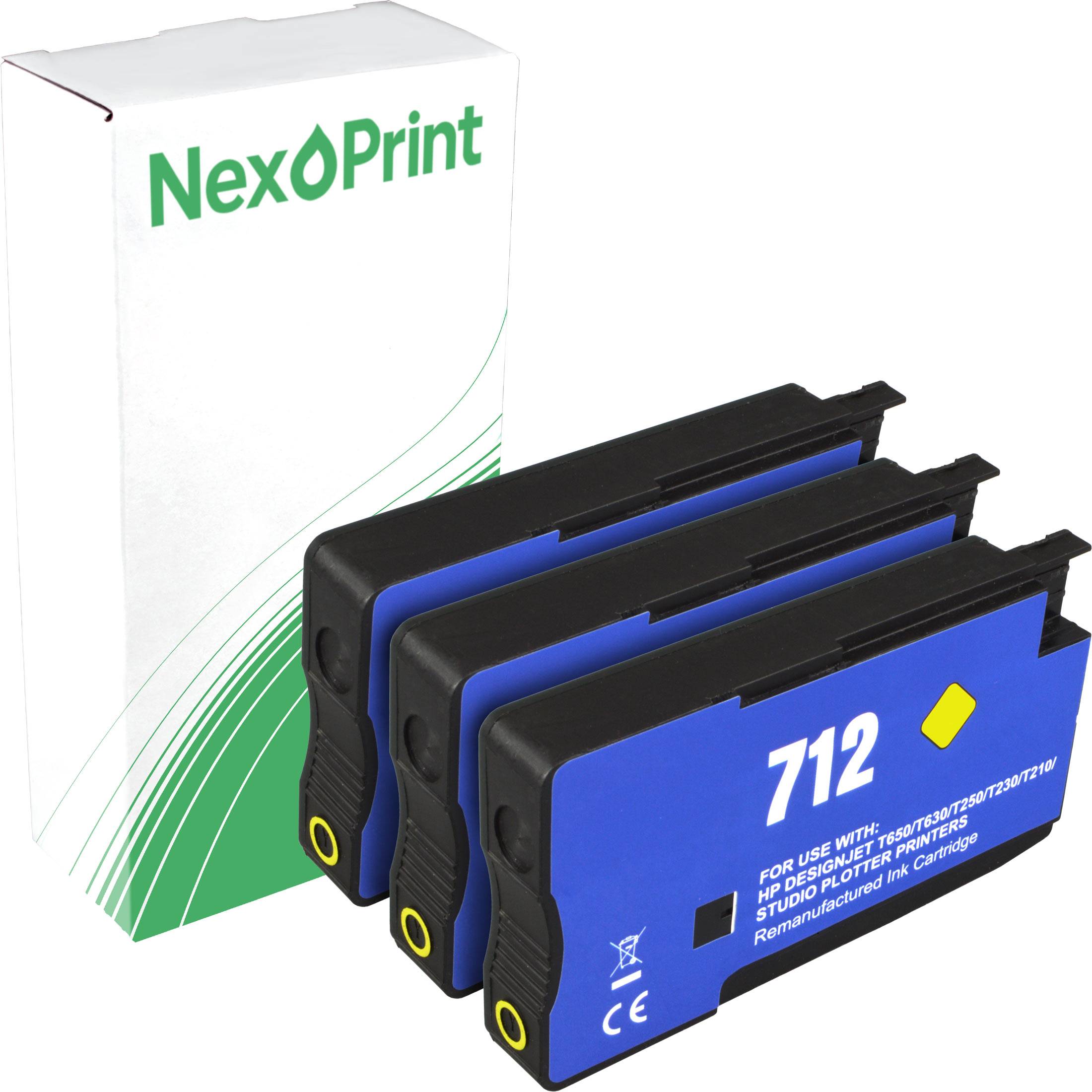 NexøPrint Tintenpatronen, Modell 712, nachgefertigt, mit Verpackung gezeigt. Blaue und schwarze Kartuschen gestapelt, kompatibel mit HP-Druckern.