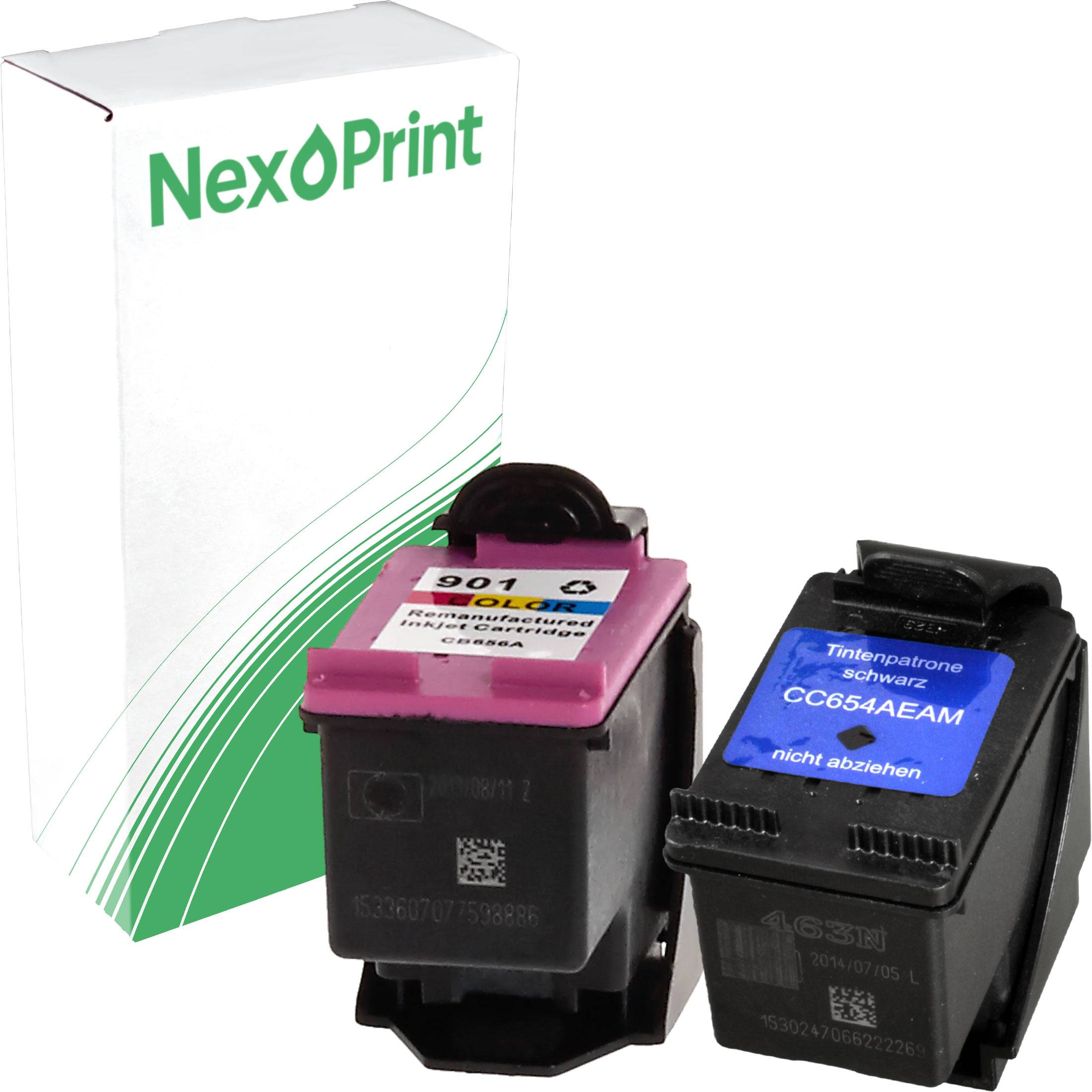 Zwei Druckerpatronenpatronen, eine magenta, beschriftet mit '901', und eine schwarze, beschriftet mit 'CG654AEAM', neben einer mit der Marke 'NexoPrint' versehenen Schachtel.