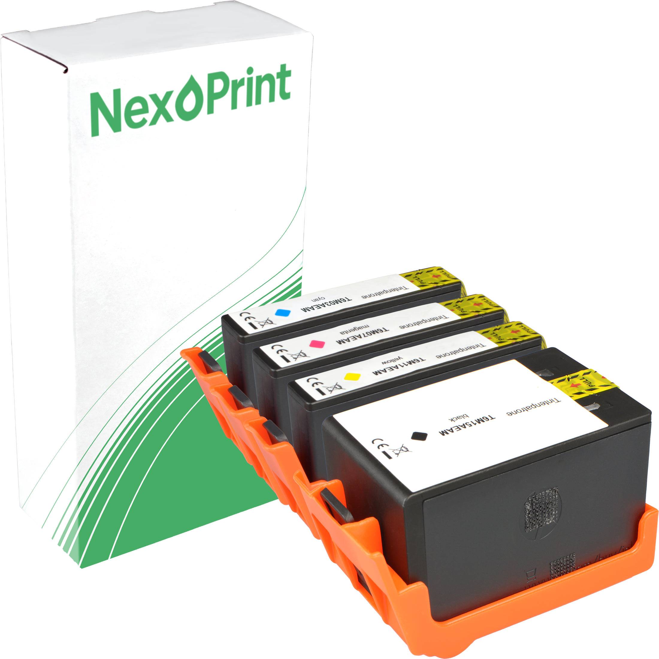 NexPrint-Tintenpatronen und -Verpackung, mit vier einzelnen Farbpatronen in einem Halter neben einer markierten Schachtel.