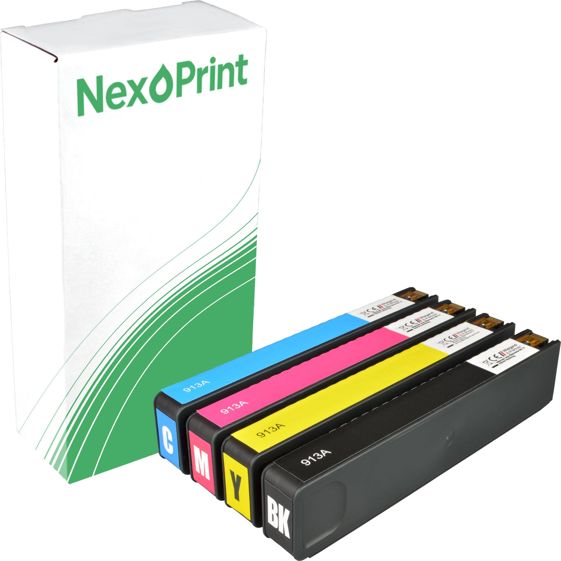 NexPrint'-Tintenpatronen in Cyan, Magenta, Gelb und Schwarz, vor einer Markenkartonage mit grün-weißem Design ausgerichtet.