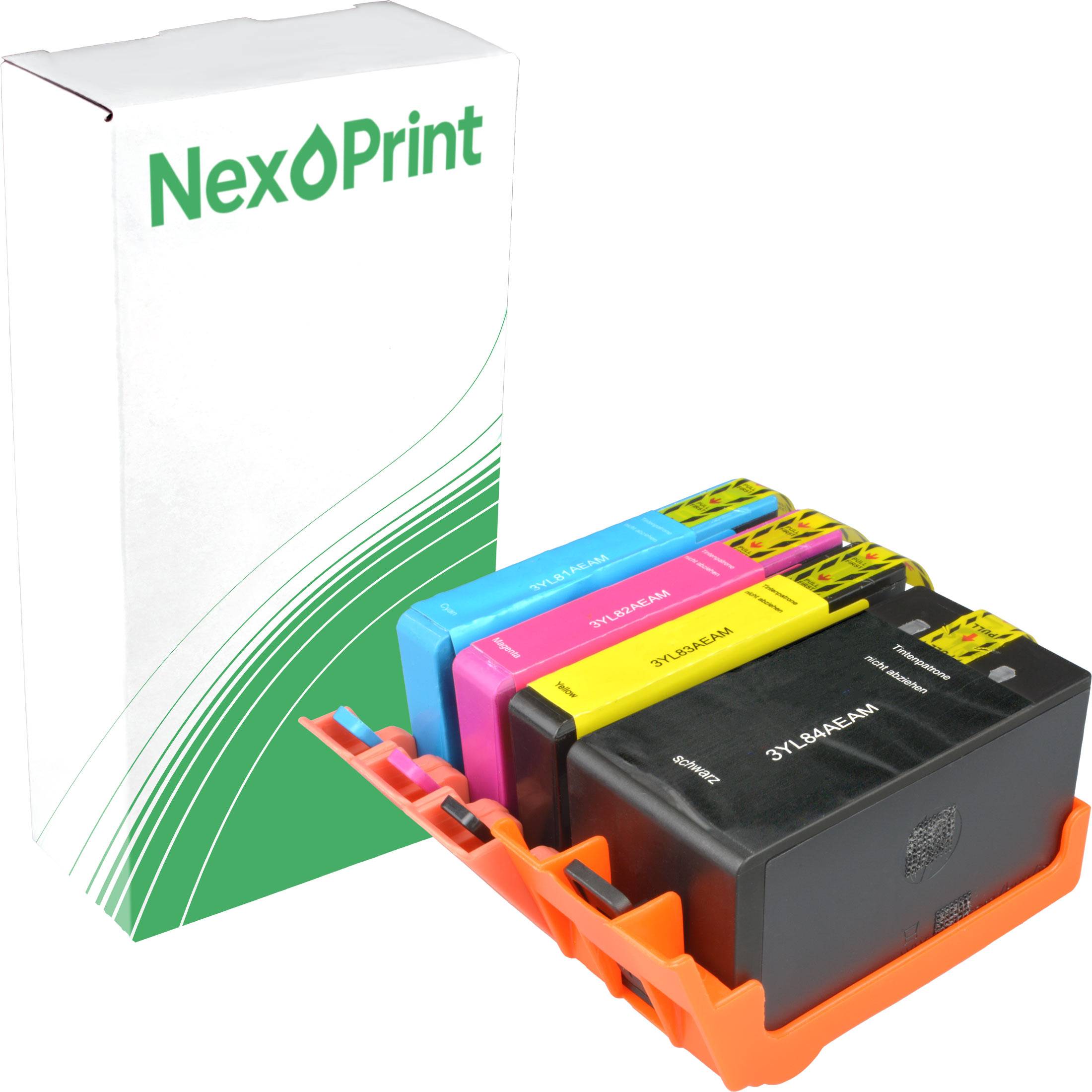 NexPrint' Marken-Tintenpatronen in Cyan, Magenta, Gelb und Schwarz, in einem orangefarbenen Halter platziert, mit der Verpackungsbox im Hintergrund.