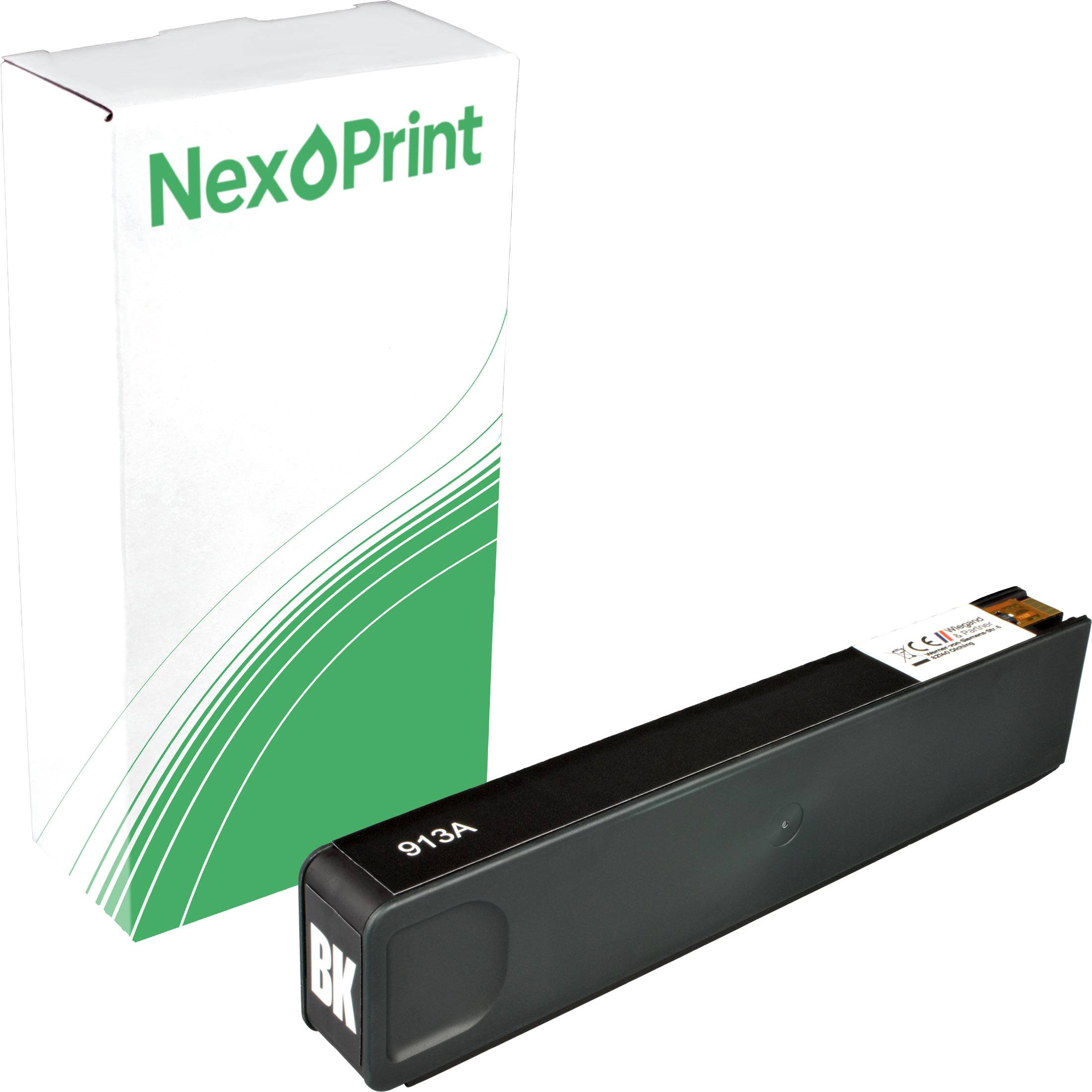 Schwarze Tintenpatrone mit der Bezeichnung '913A BK' neben einer weißen Box mit dem 'NexPrint' Logo.