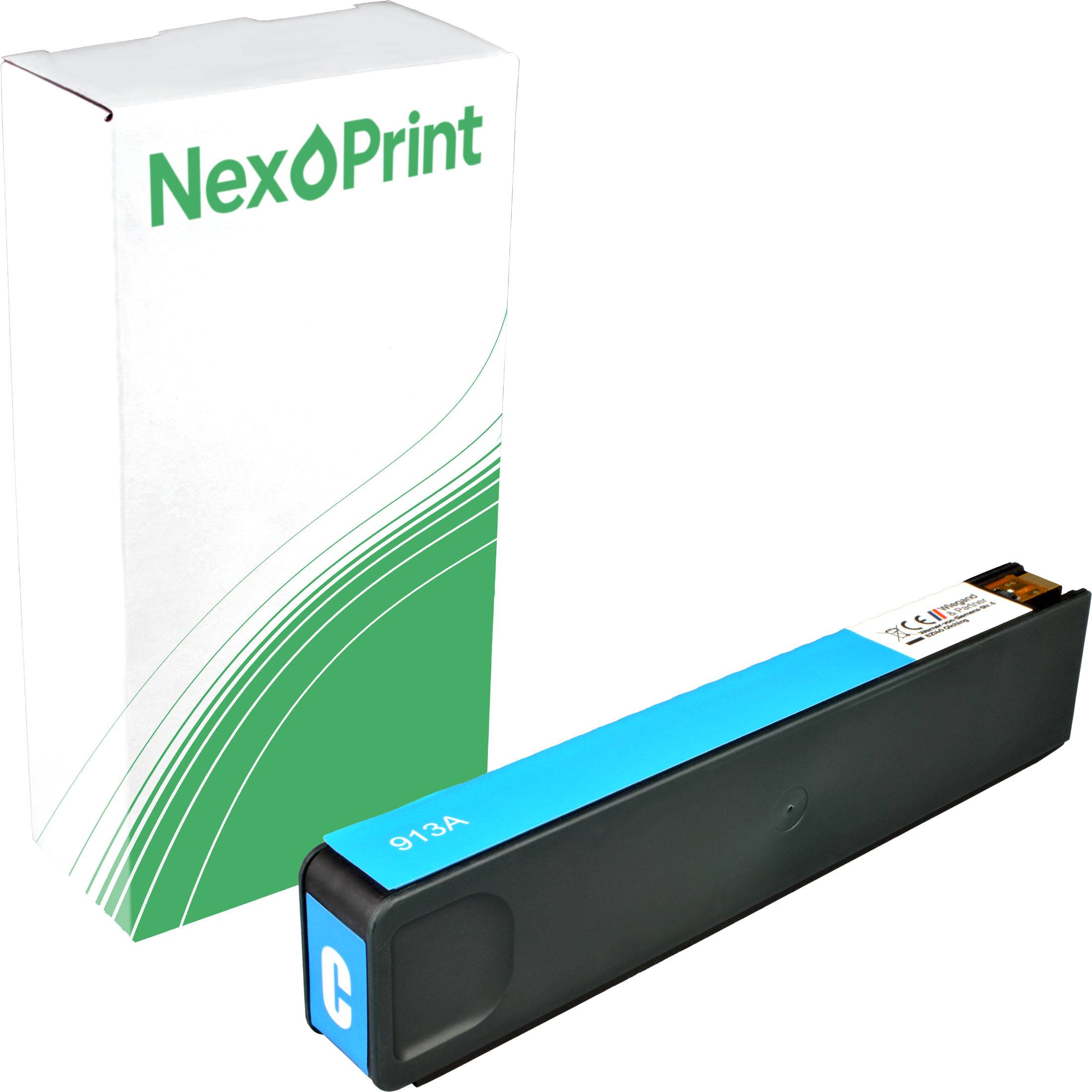 Eine Cyan-Tonerkassette mit der Bezeichnung '913A' vor einem weiß-grünen Hintergrund mit einer 'NexPrint'-Schachtel.