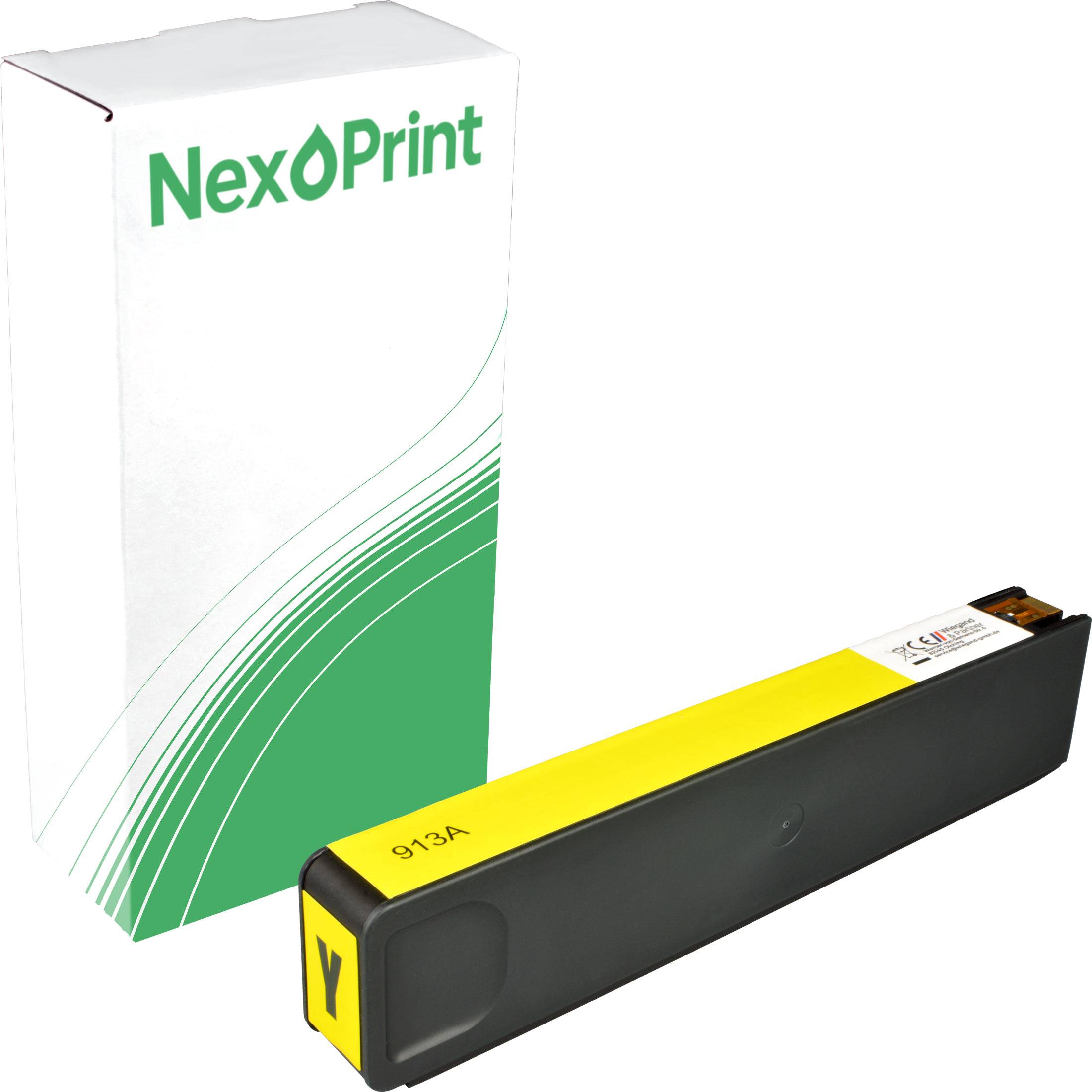 Eine gelbe Druckerpatrone mit der Bezeichnung '912A' liegt neben einer weißen Box, die mit der Marke 'NexPrint' in grüner Schrift gekennzeichnet ist.