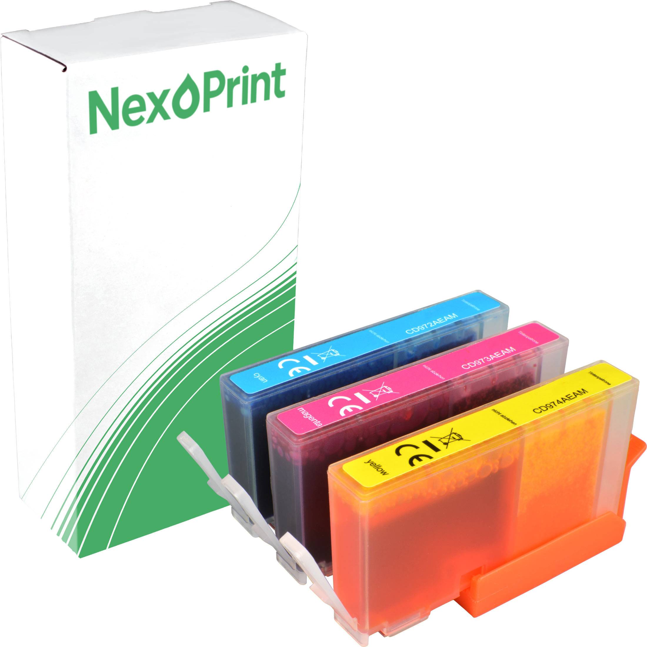 Tintenpatronen in Cyan, Magenta, Gelb und Schwarz werden vor einer weißen und grünen 'NexPrint' Schachtel präsentiert.