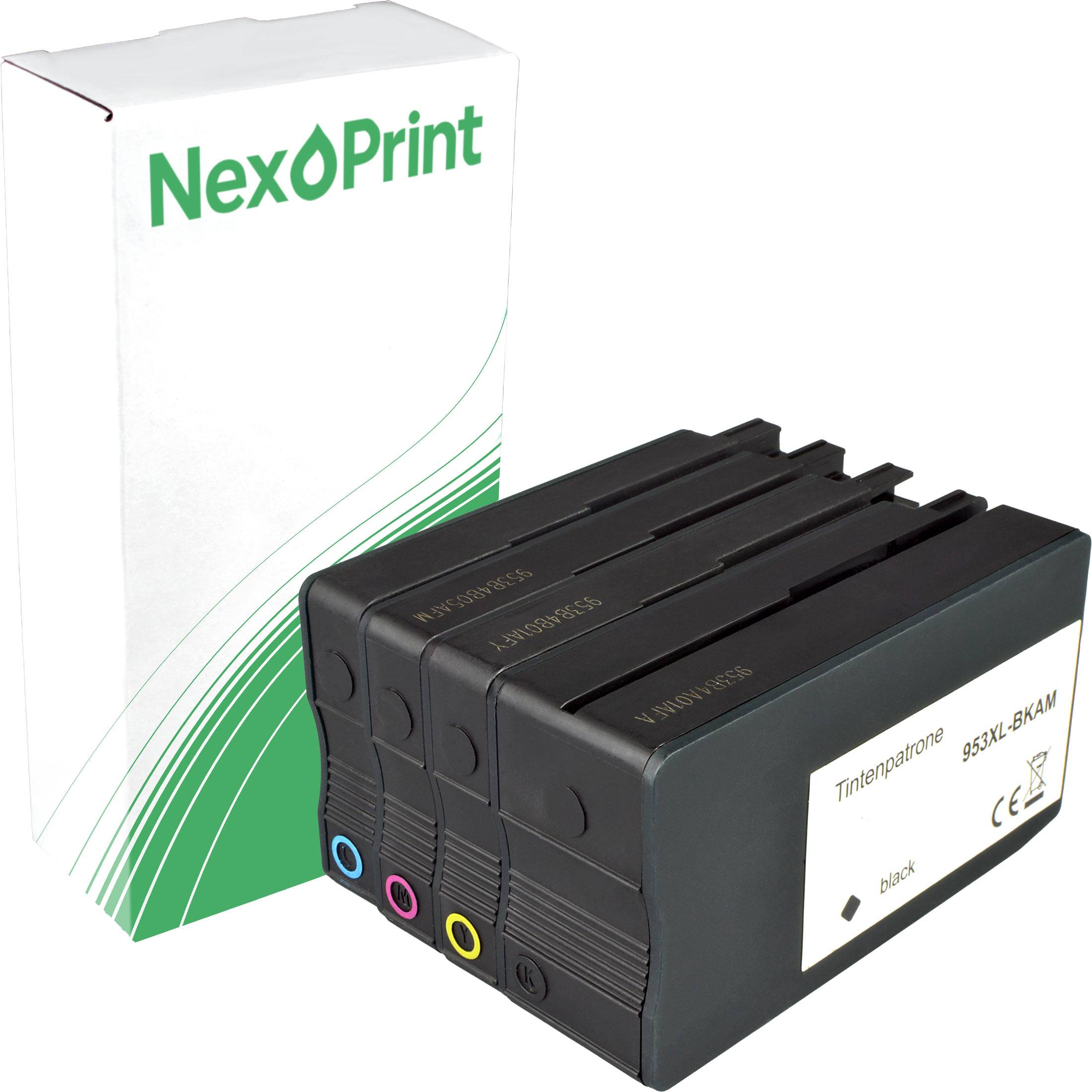 Ein Paket mit NexPrint Tintenpatronen mit drei schwarzen Patronen, die mit ‚Tintenpatrone 952XL-BKAM' gekennzeichnet sind. Die Verpackung weist ein grün-weißes Design auf.