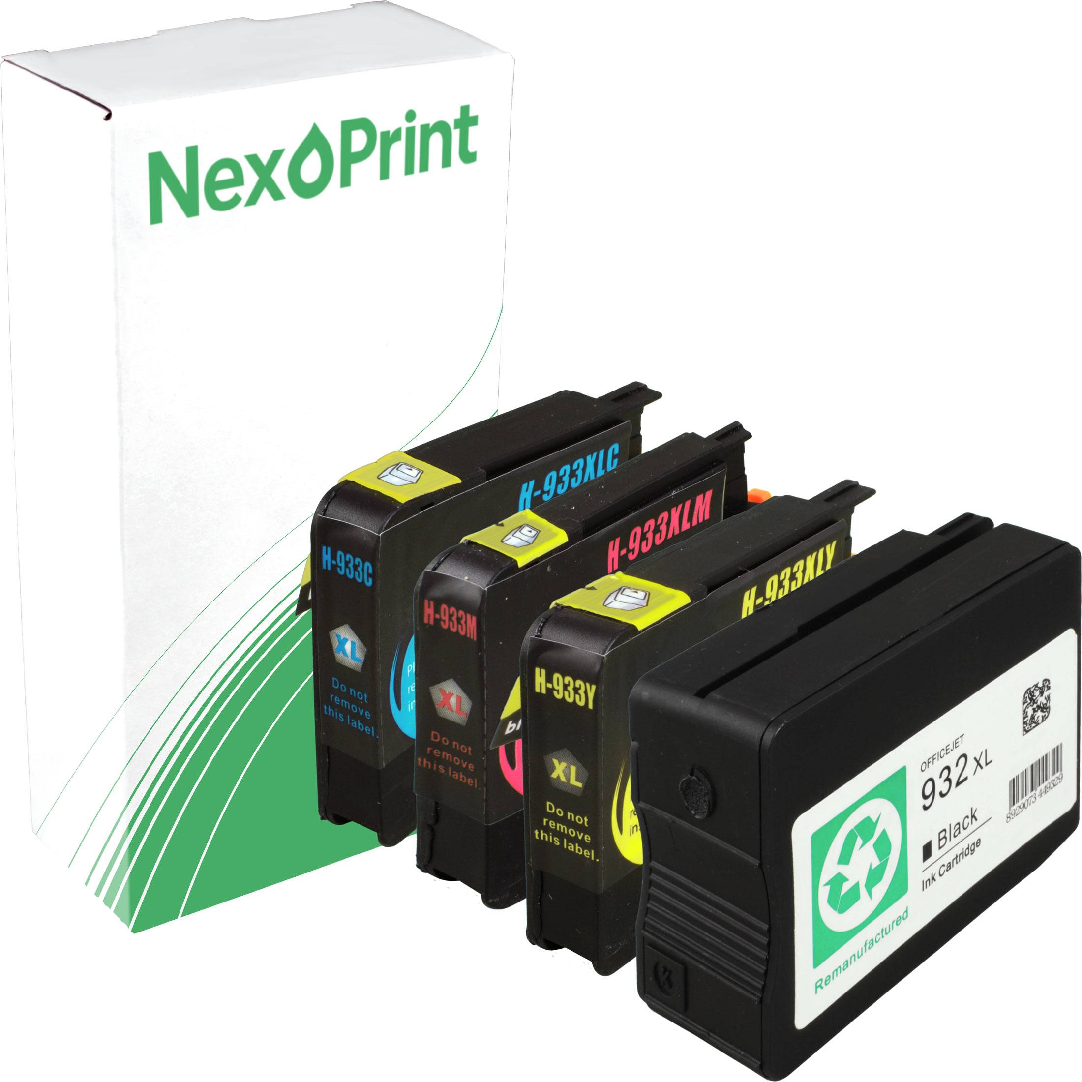 Satz von NexPrint-Tintenpatronen für Drucker. Enthält Cyan-, Magenta-, Gelb- und Schwarzpatronen. Verpackungs- und Recycling-Symbole sichtbar.