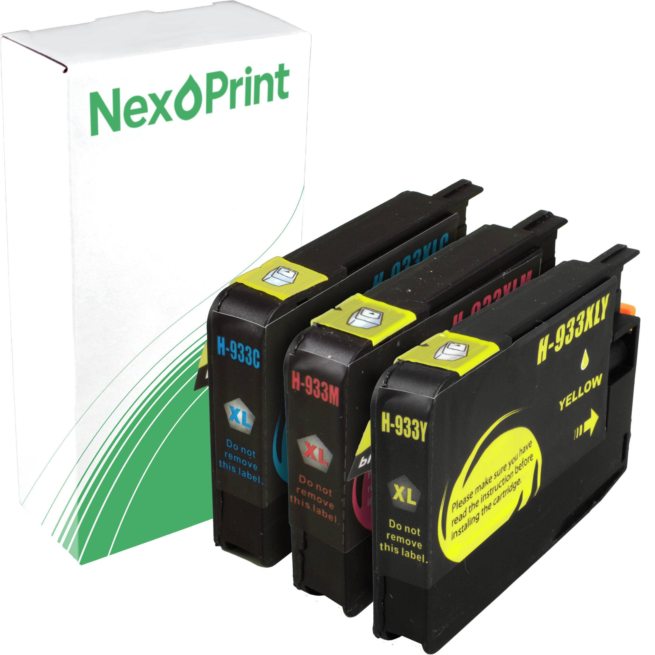 NexPrint' Tintenpatronen in Cyan, Magenta, Gelb und Schwarz. Die Verpackung ist weiß mit grünen Akzenten. Etiketten zeigen die XL-Größe an.