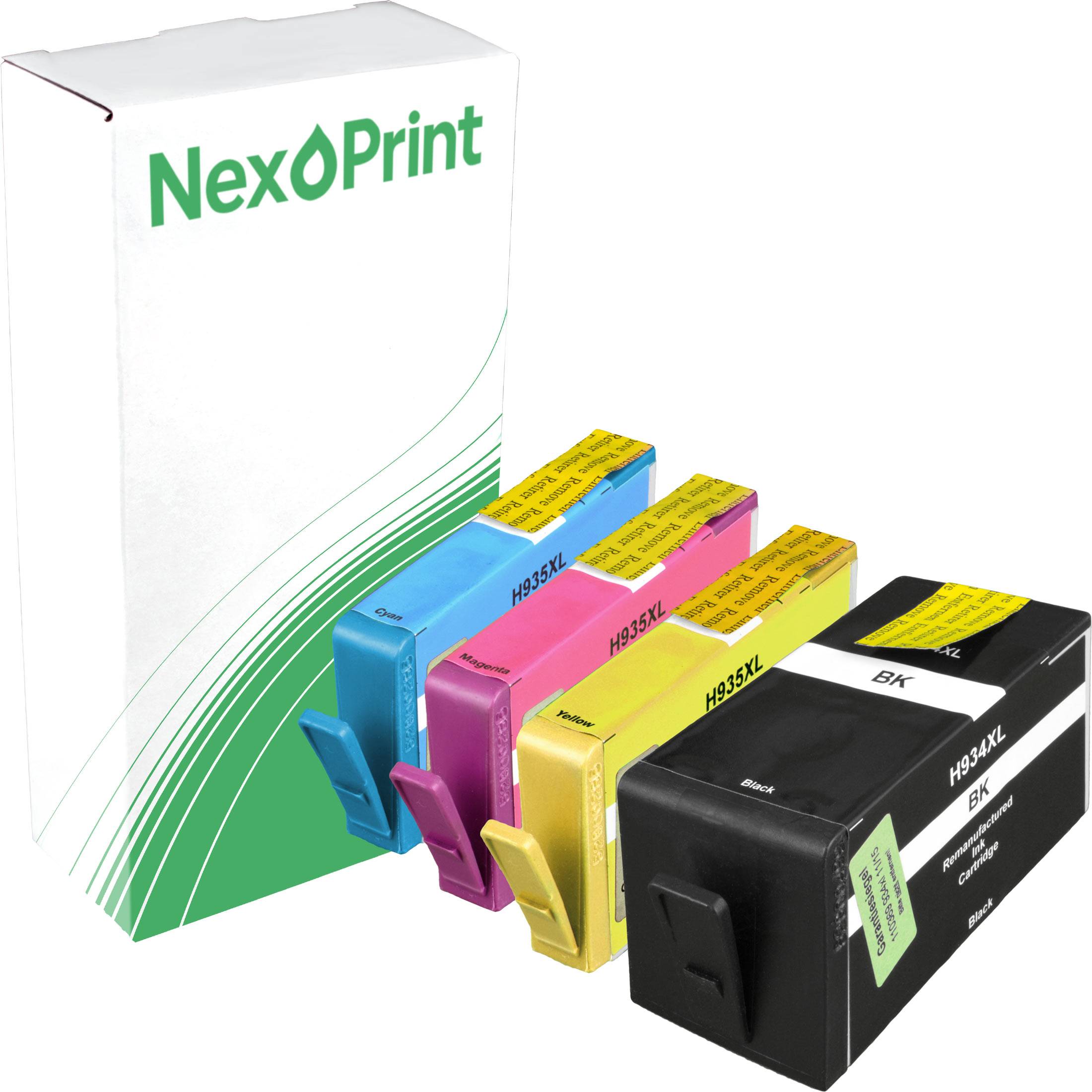 NexPrint'-Verpackung mit vier Druckerpatronen: Cyan, Magenta, Gelb und Schwarz, gekennzeichnet mit 'H932XL' und 'H933XL'.