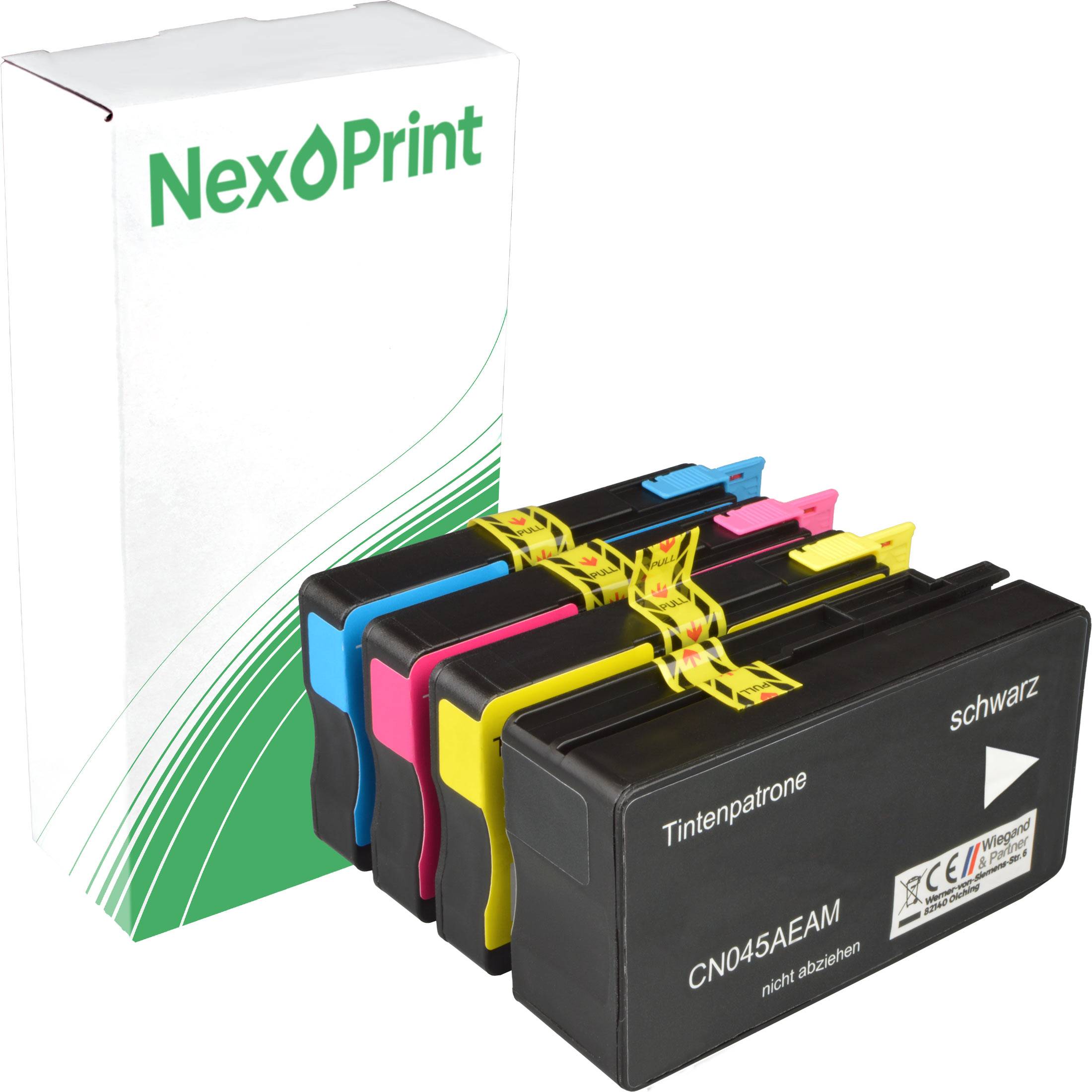 Tintenpatronen in verschiedenen Farben (Schwarz, Cyan, Magenta, Gelb), die vor einer NexPrint-Box ausgestellt sind.
