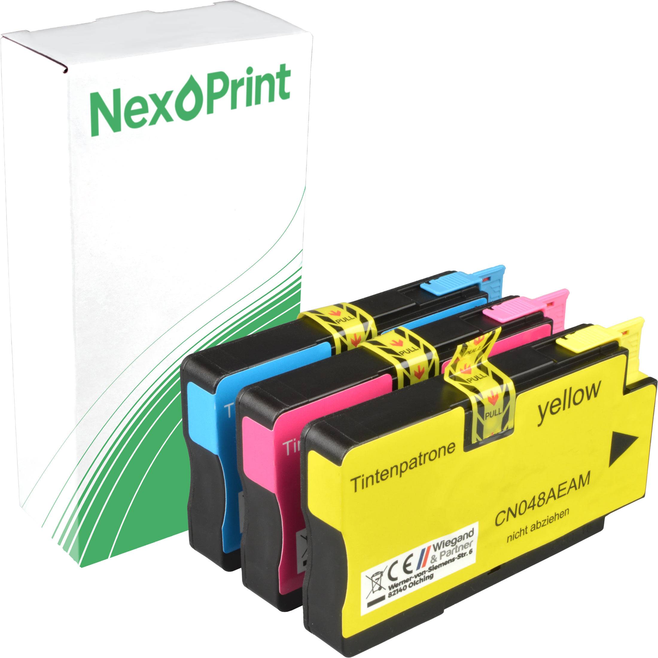 Drei Tintenpatronen in Cyan-, Magenta- und Gelbtönen, als NexPrint beschriftet, die vor einer weiß-grünen Schachtel platziert sind.