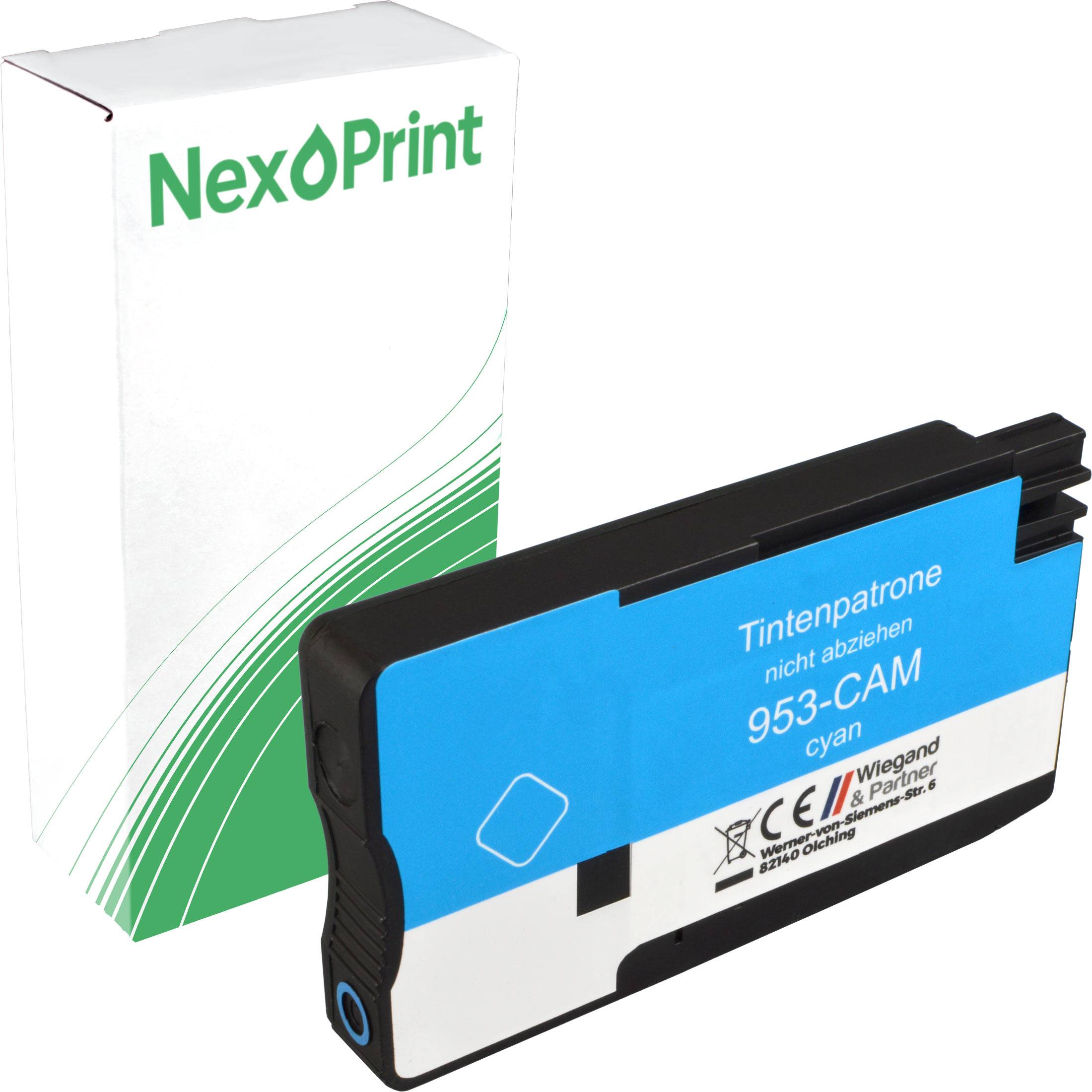 Eine NexPrint Cyan-Tintenpatrone, die neben ihrer grün-weißen Verpackung positioniert ist. Die Patrone ist mit '953-CAM' beschriftet.