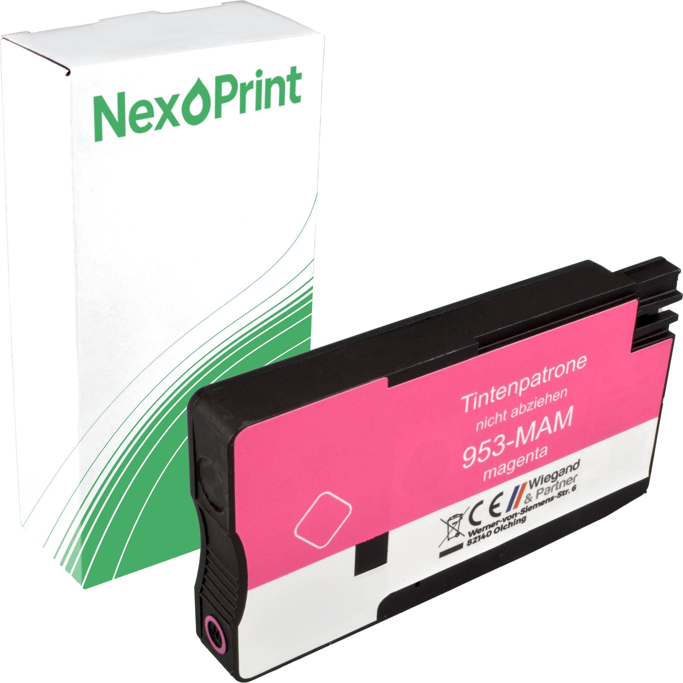 NexPrint Magenta-Tintenpatrone vor ihrer Verpackung platziert. Die Patrone ist mit 'Tintenpatrone 953-MAM magenta' gekennzeichnet.