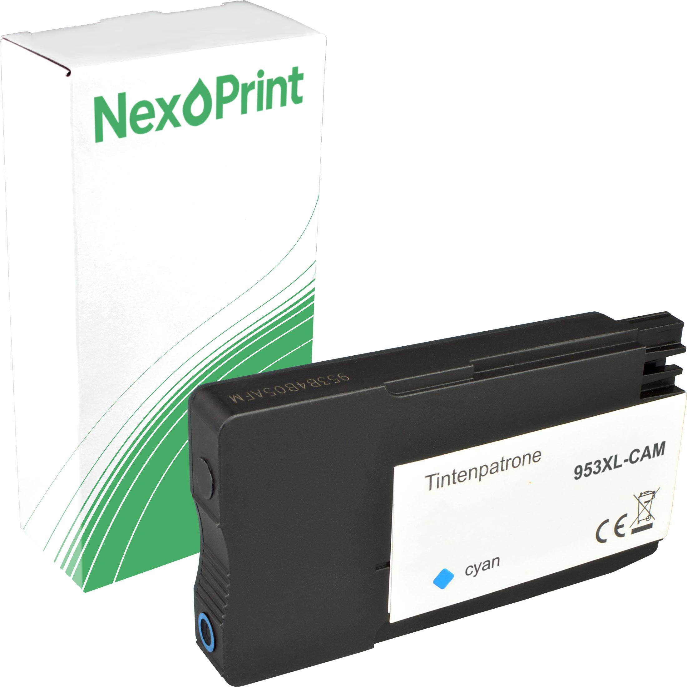 Eine Tintenpatrone mit der Aufschrift '953XL-CAM' in der Farbe Cyan, mit einer Schachtel mit der Bezeichnung 'NexPrint' im Hintergrund.