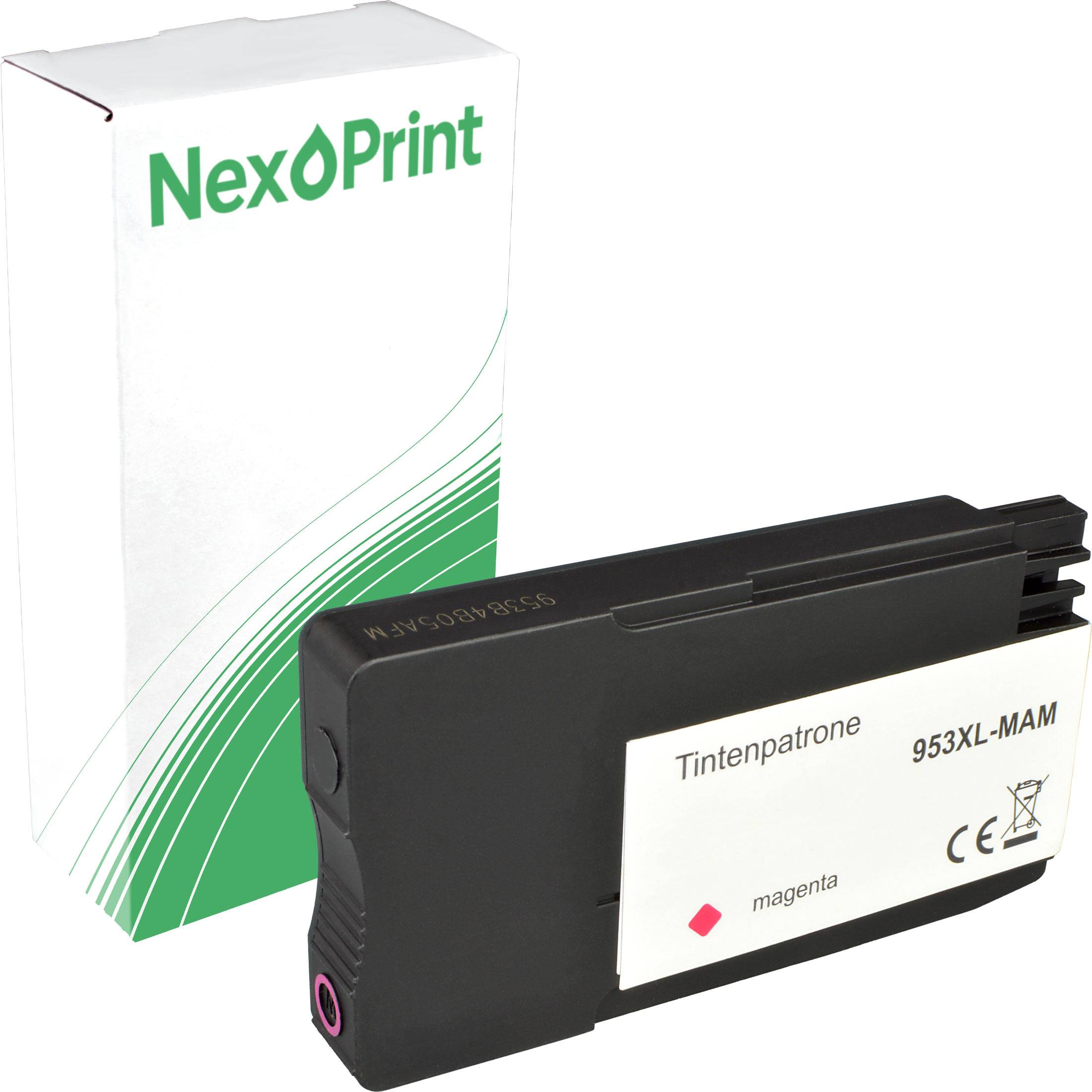 Ein Tintenpatrone der Marke 'Nex Print' in Magenta, Modell 953XL-MAM, positioniert vor ihrer Verpackung mit grünen Akzenten.