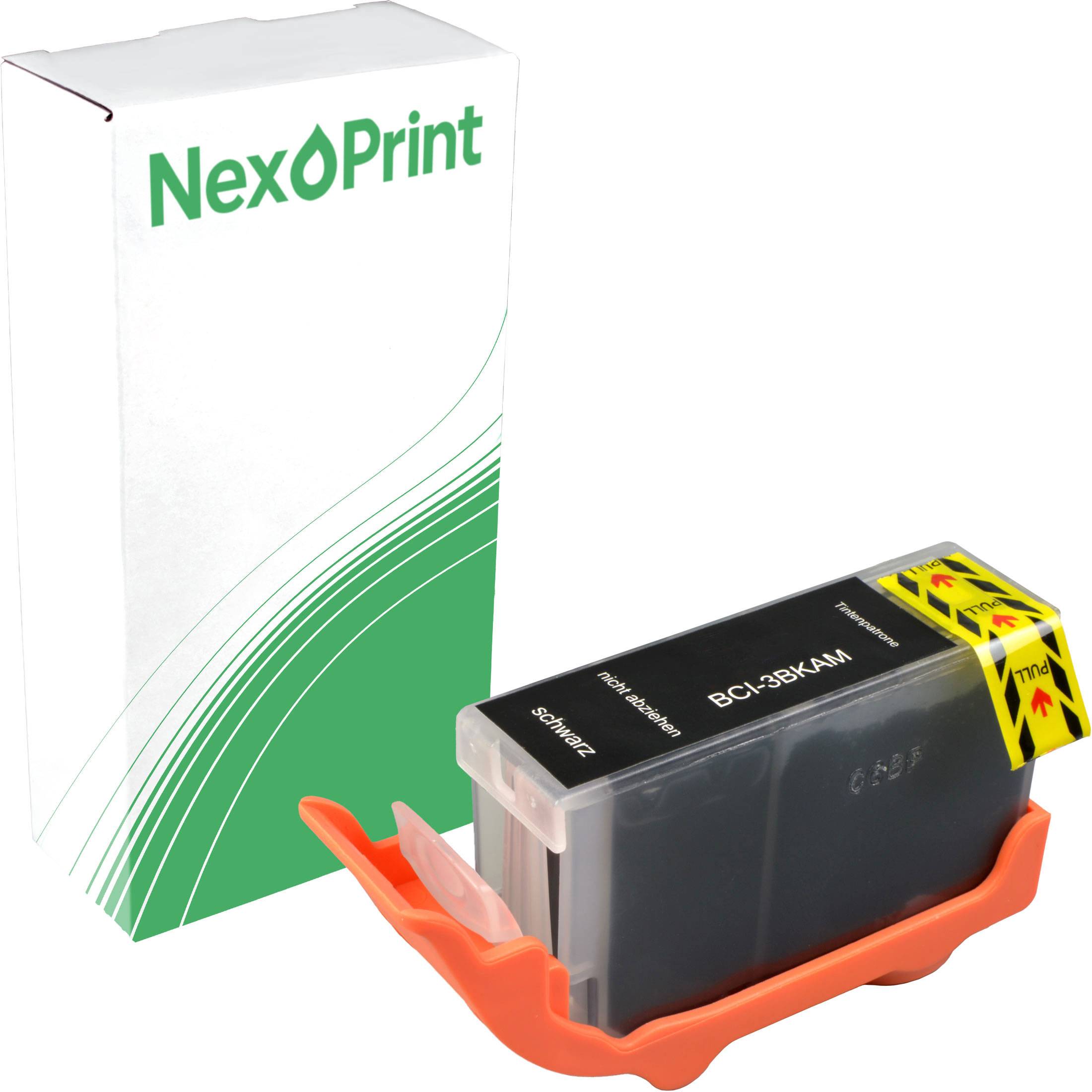 NexPrint'-Markenverpackung in Grün und Weiß neben einem beschrifteten schwarzen Tintenpatronenhalter in Orange.