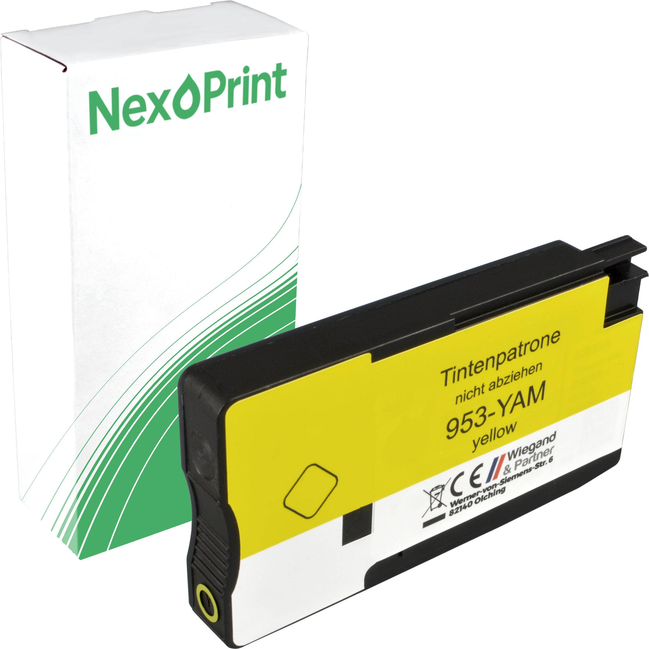 Eine gelbe NexPrint-Tintenpatrone mit der Beschriftung '953-YAM'. Verpackungskarton mit grünem Design im Hintergrund.