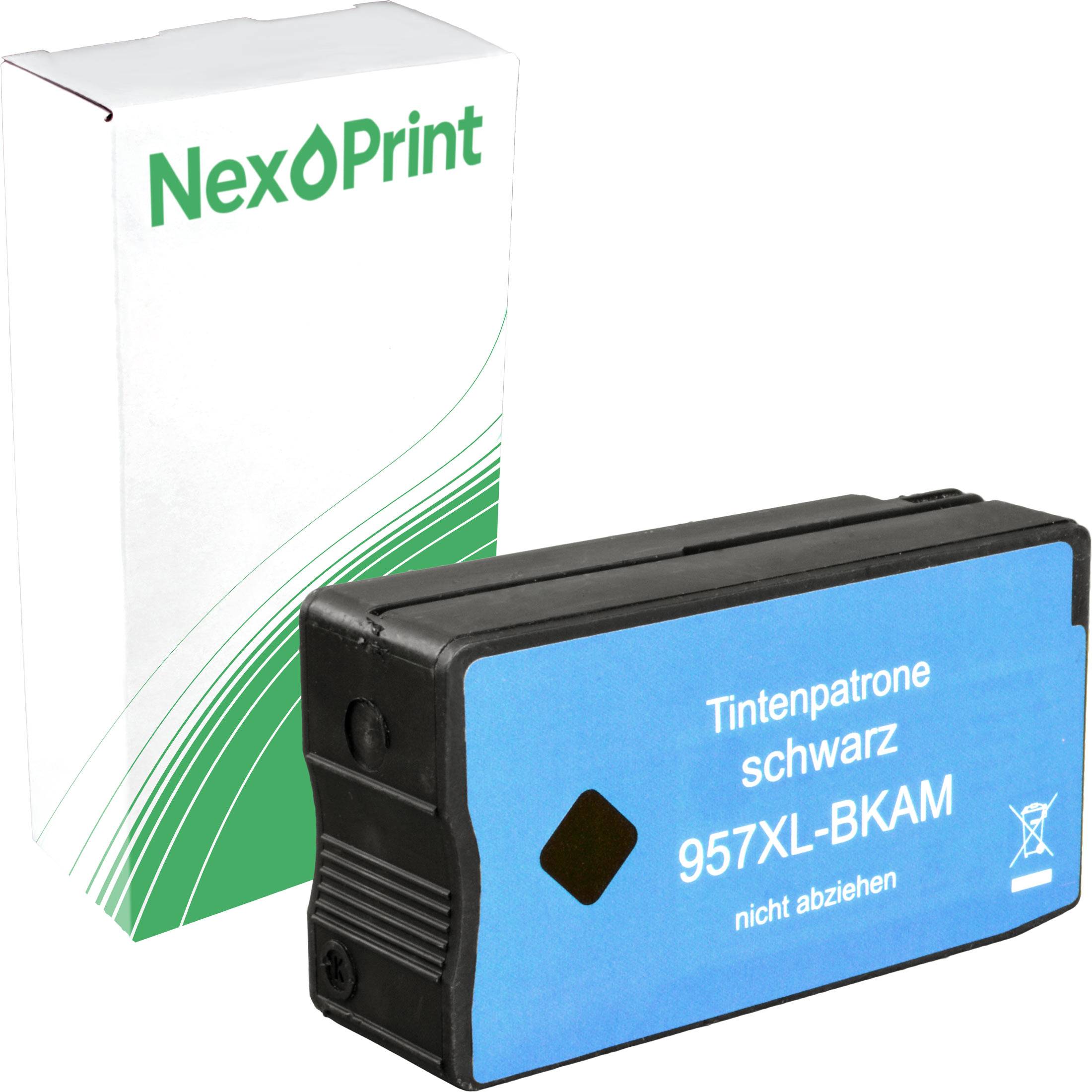 Eine NexPrint Schwarztintenpatrone, Modell '957XL-BKAM', neben ihrer Verpackung. Die Verpackung weist grüne und weiße Grafiken auf.