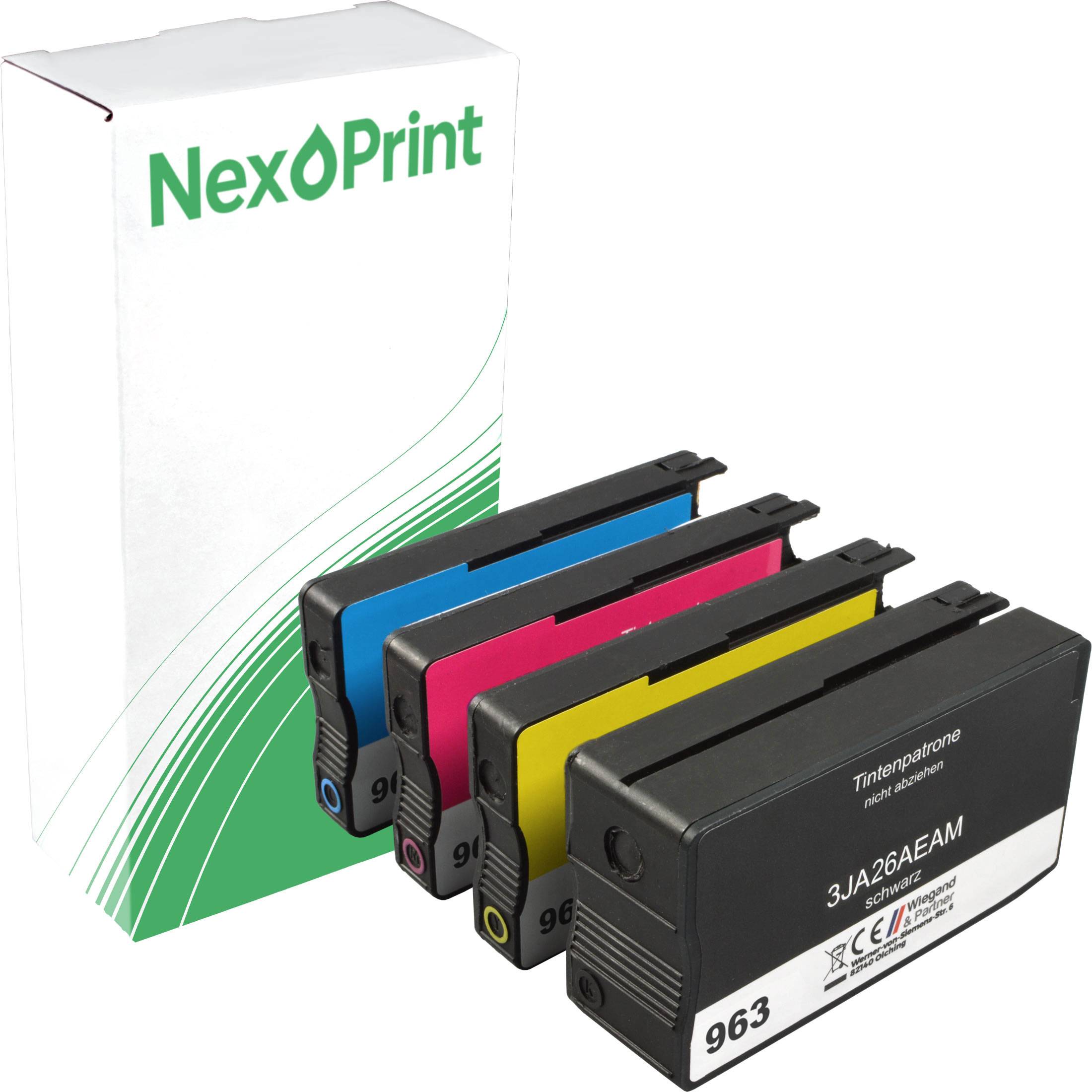 Eine Druckerpatronen-Garnitur mit vier Farben: schwarz, cyan, magenta und gelb, neben einer NexPrint-Markenbox.