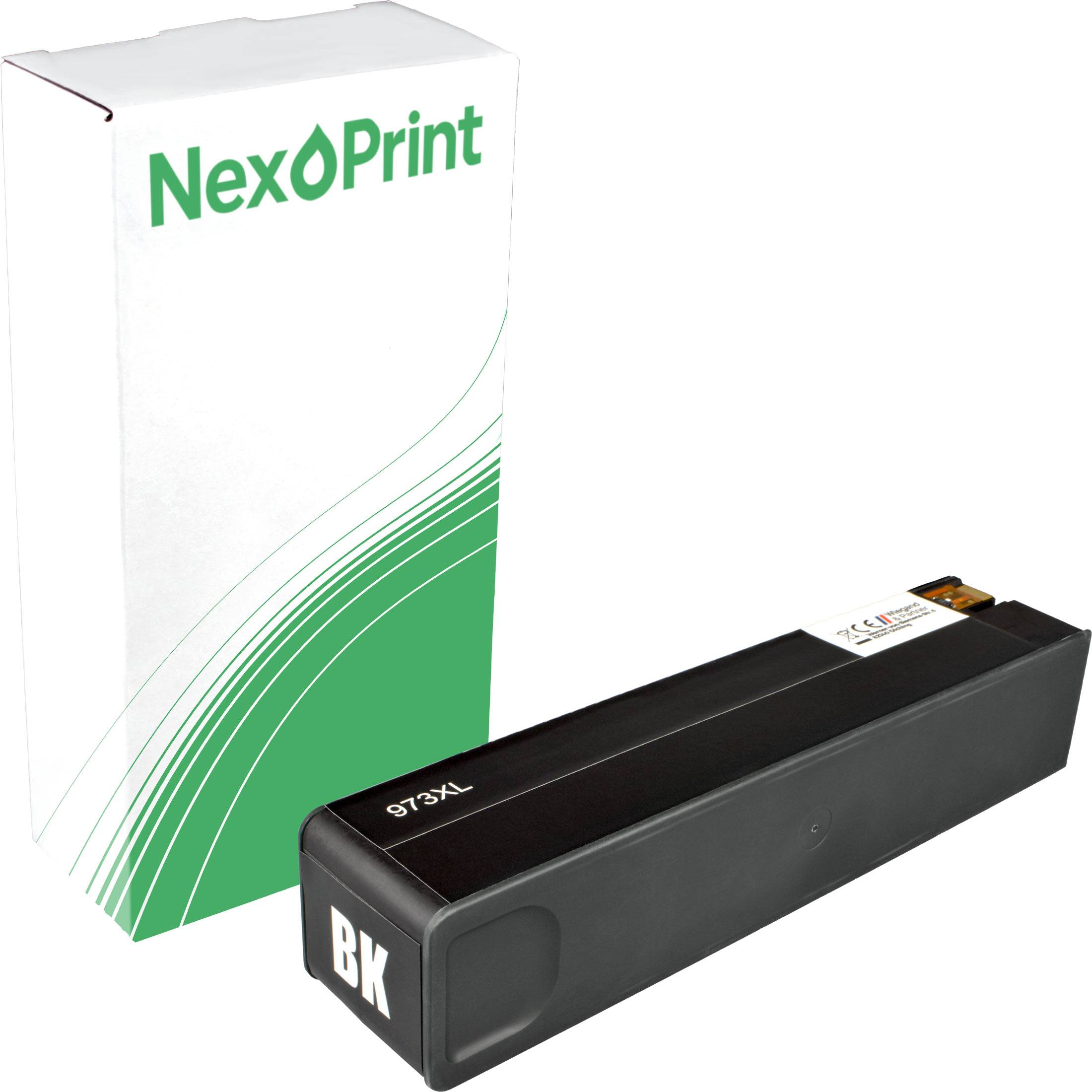 Schwarze Tintenpatrone vom Typ BK 973XL neben der Verpackung von 'NexPrint' seitlich nebeneinander platziert.