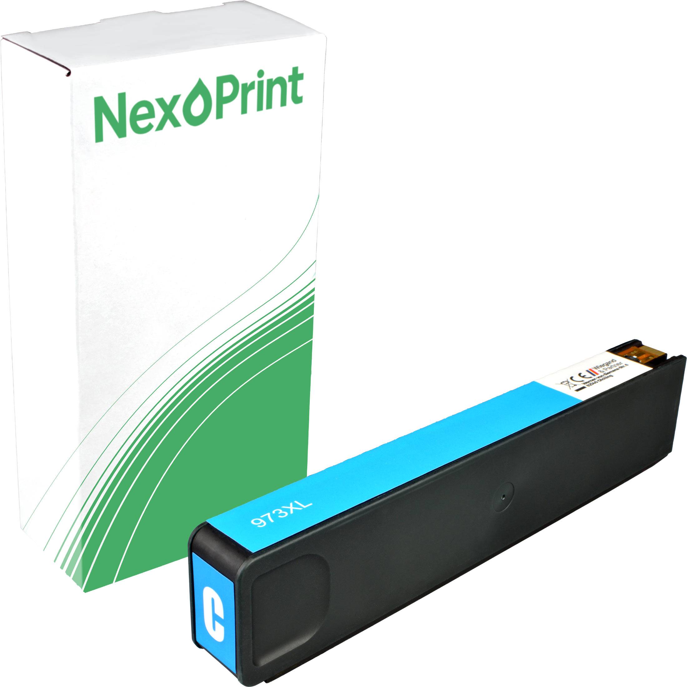 Das Bild zeigt eine NexPrint Cyan Tintenpatrone des Modells 973XL neben ihrer Verpackung, die ein grün-weißes Design aufweist.