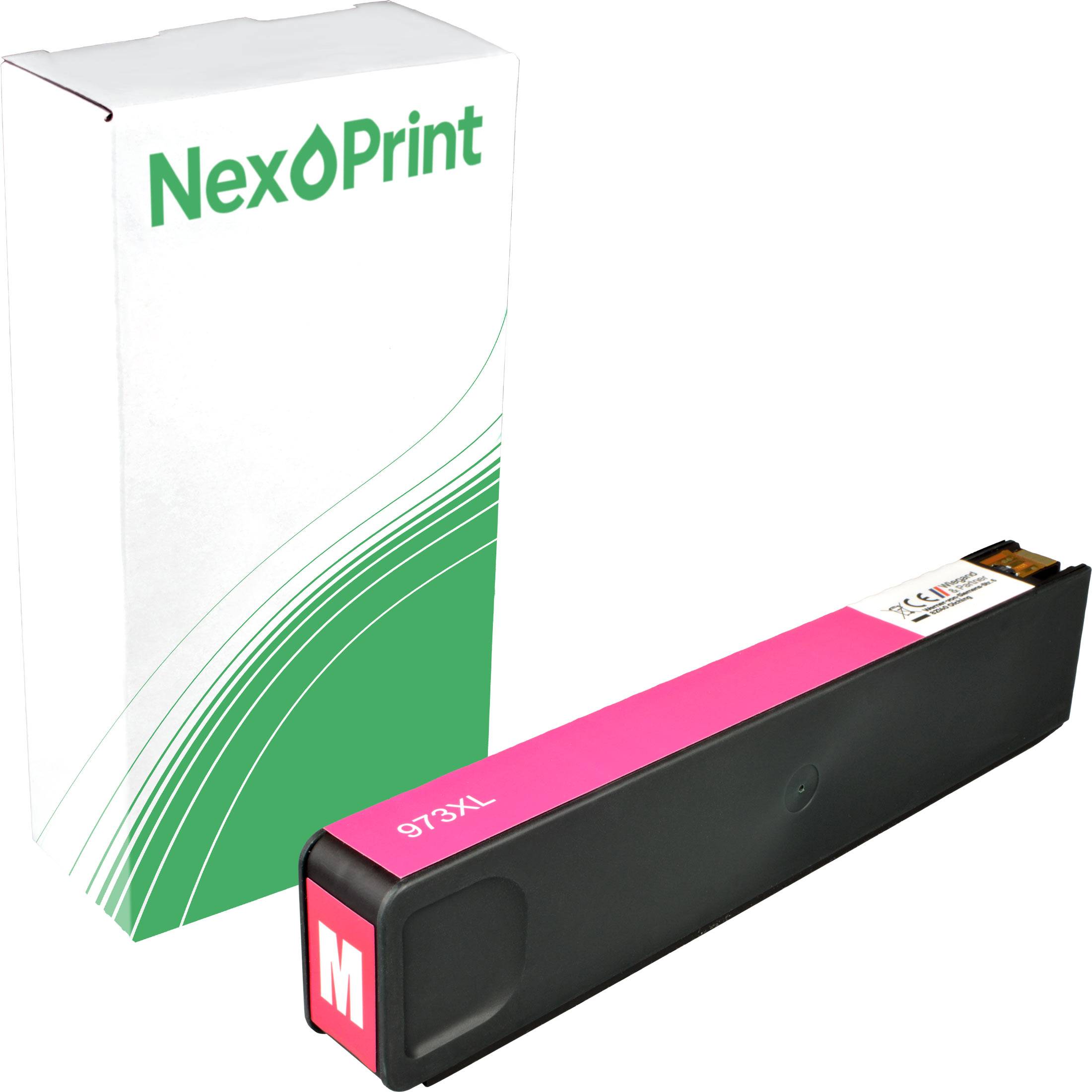 Magenta-Tintenpatrone mit der Kennzeichnung 'M 973XL', neben einer NexPrint-Verpackung mit grün-weißem Design platziert.