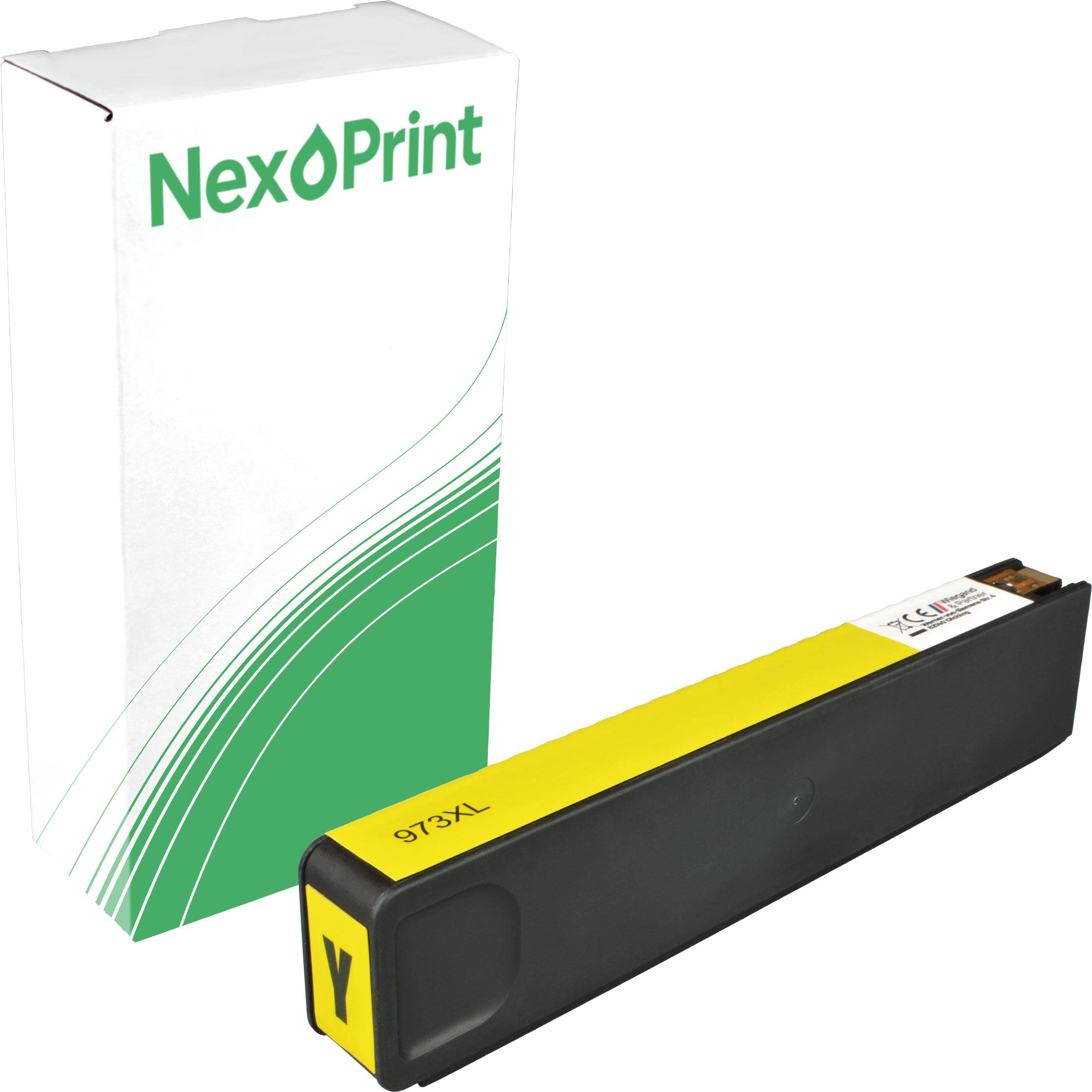 Gelbe NexPrint 973XL Tintenpatrone mit Verpackung.