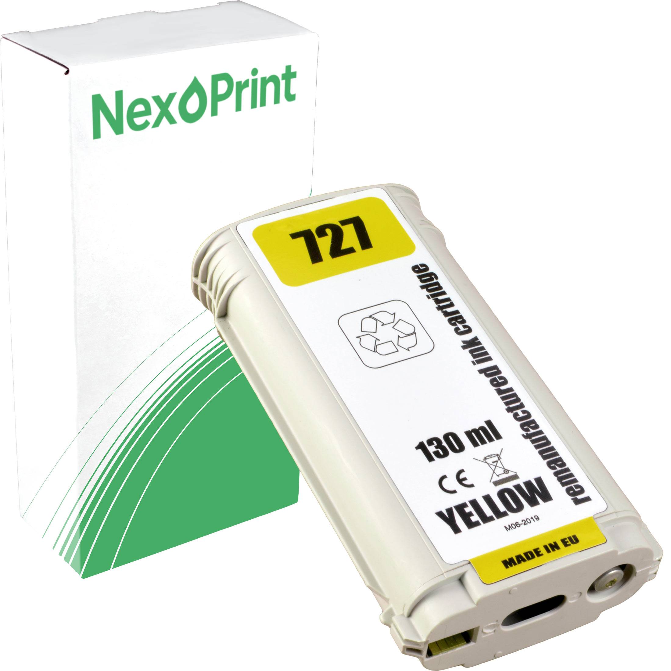 Gelbe Tintenpatrone für 130 ml Drucker, beschriftet mit '727', umweltfreundliche Verpackung mit 'NexPrint' Logo, 'Hergestellt in der EU'.