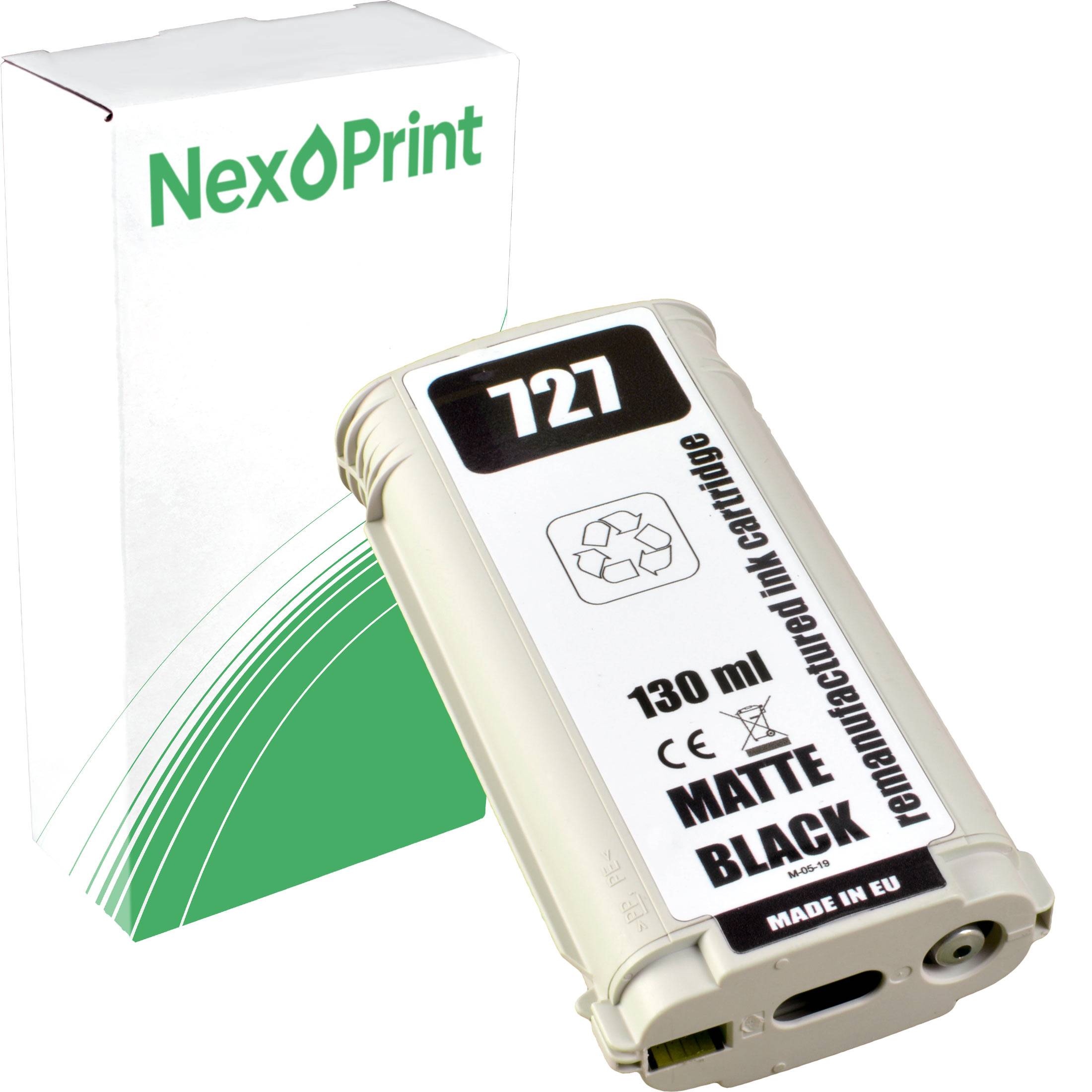 Druckerpatrone mit Etikett: 130 ml, mattschwarz, generalüberholt, 727, hergestellt in der EU. Karton im Hintergrund mit 'NexPrint' Logo.
